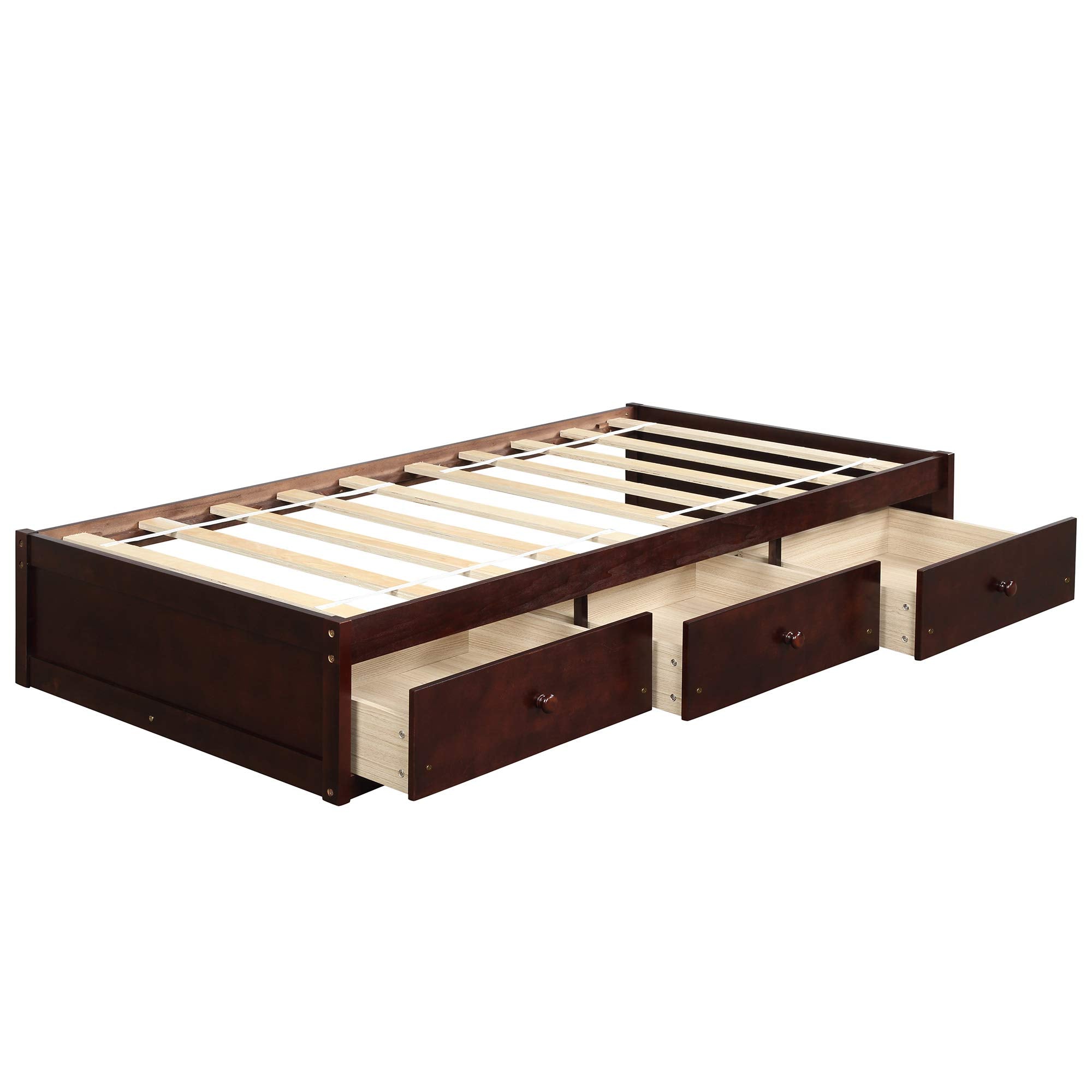 JULYFOX Bed Frame Twin with 3 Drawers, Pine Wood Daybed No Headboard No Box Spring Need Sturdy Heavy Duty Construction Space Sav