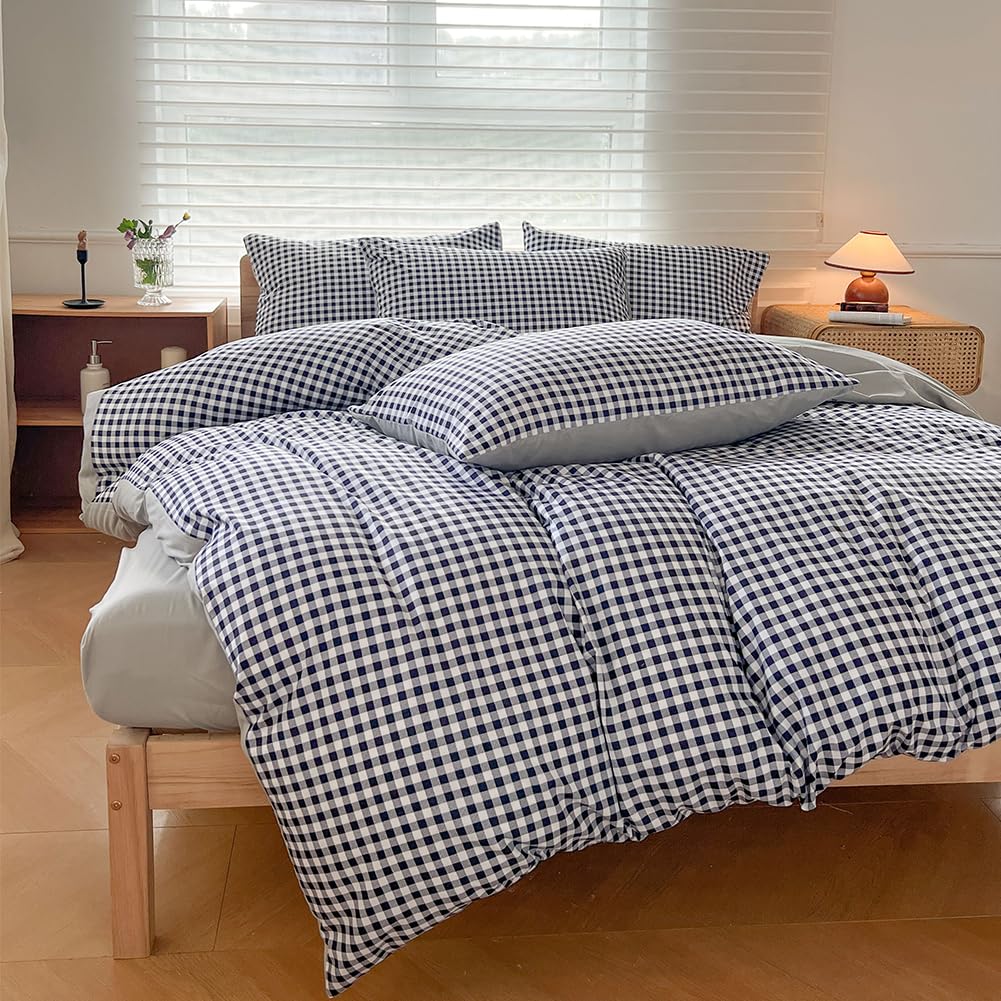 NSNLGSGC Navy Gingham Duvet Cover Set Twin, Dark Blue Grid Simple Geometric Square Pattern Comforter Cover,Soft Plaid Washed Mic