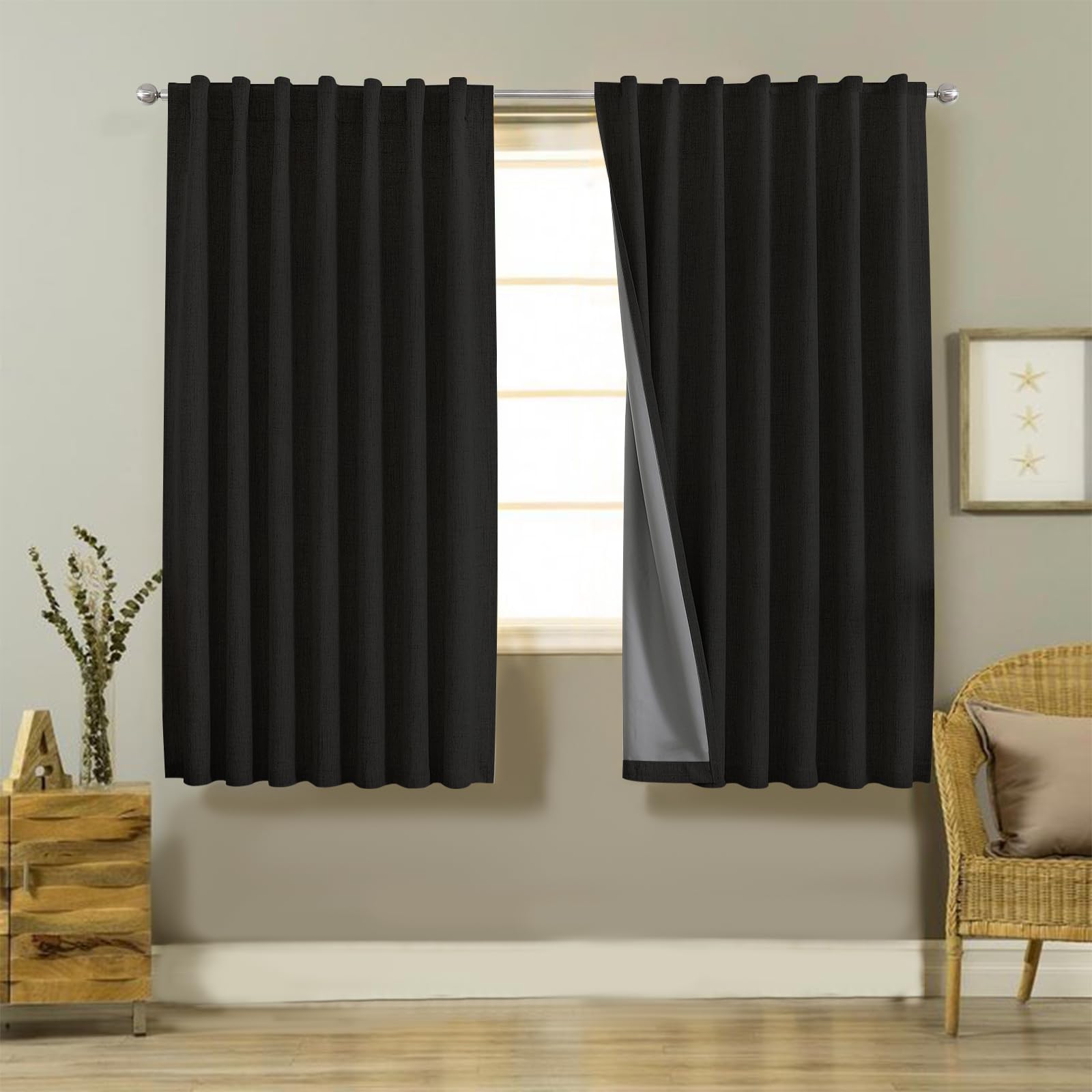 Joydeco 100% Blackout Curtains 63 inches Long Natural Linen Drapes 2 Panels Set Burg for Bedroom Living Room Black Out Darkening