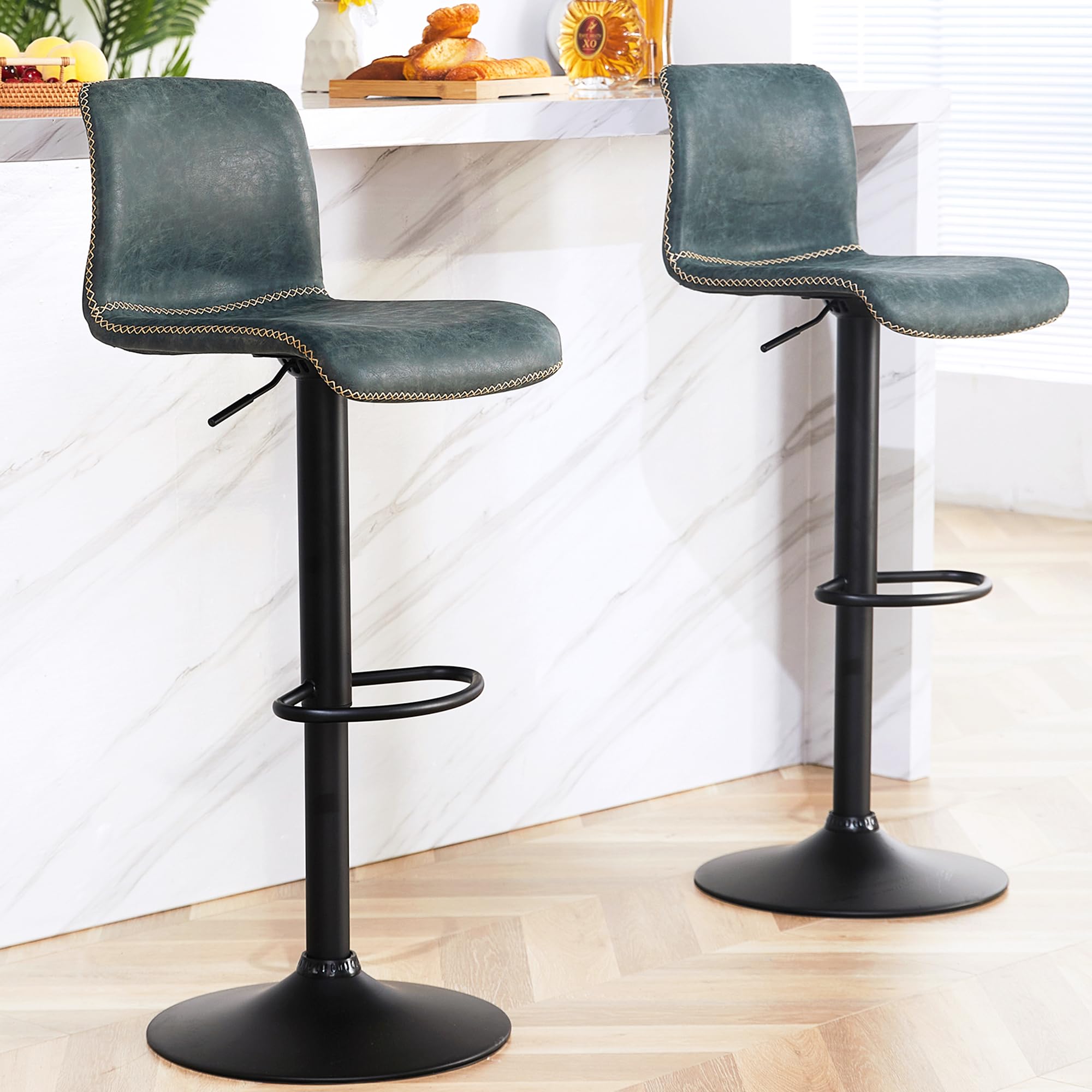 HeuGah Swivel Bar Stools Set of 2, Counter Height Bar Stools with Back, Adjustable Bar Stools 24 to 32, Deep Teal Faux Leather B