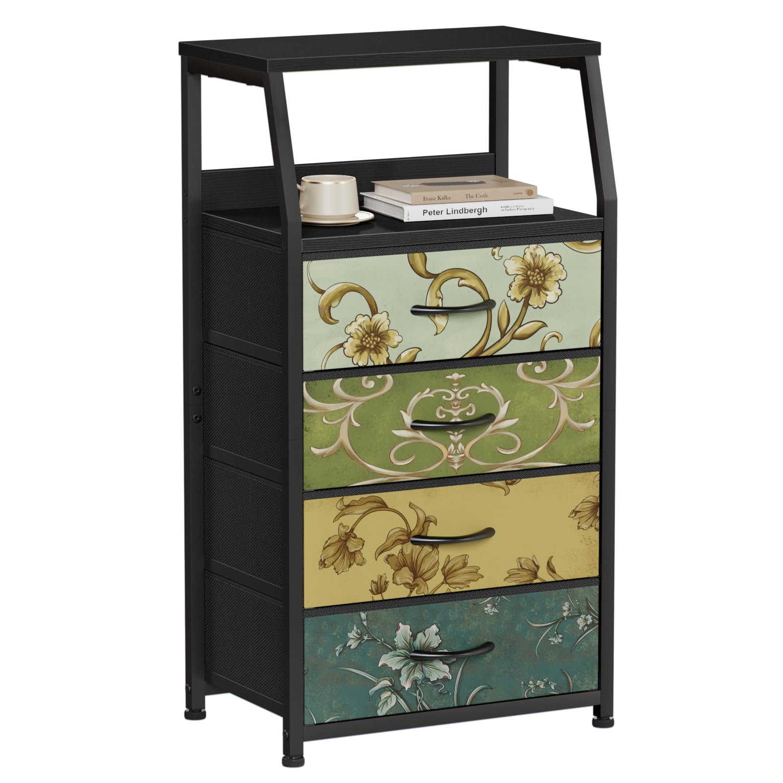 Furnulem Night Stand with 4 Drawers, Retro Dresser for Bedroom, Vertical Storage Tower Fabric Dresser, Entryway, Nursery, Closet