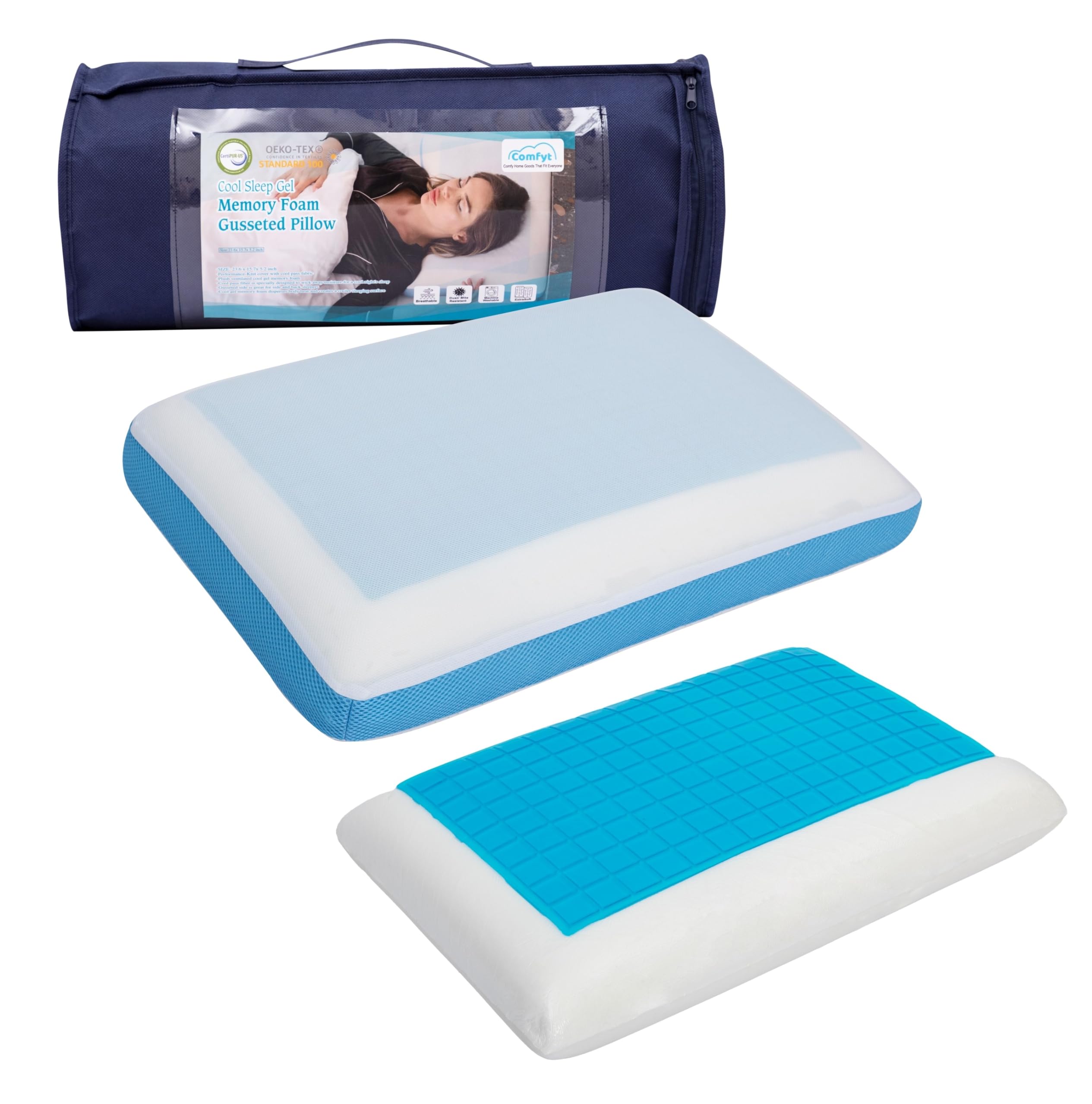 Comfyt Cervical Pillow, Cooling Orthopedic Memory Foam Pillow for Side Back Stomach Sleeper - Sleeping Gusseted Bed Pillows, Gel
