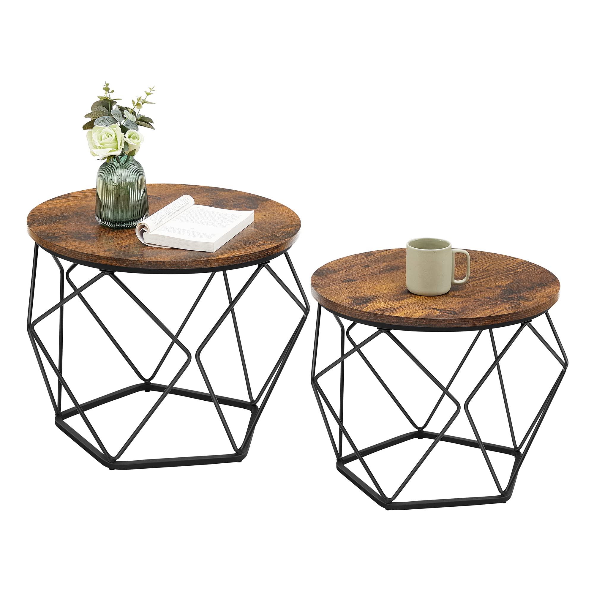 VASAGLE Small Coffee Table Set of 2, Round Coffee Table with Steel Frame, Side End Table for Living Room, Bedroom, Office, Rusti