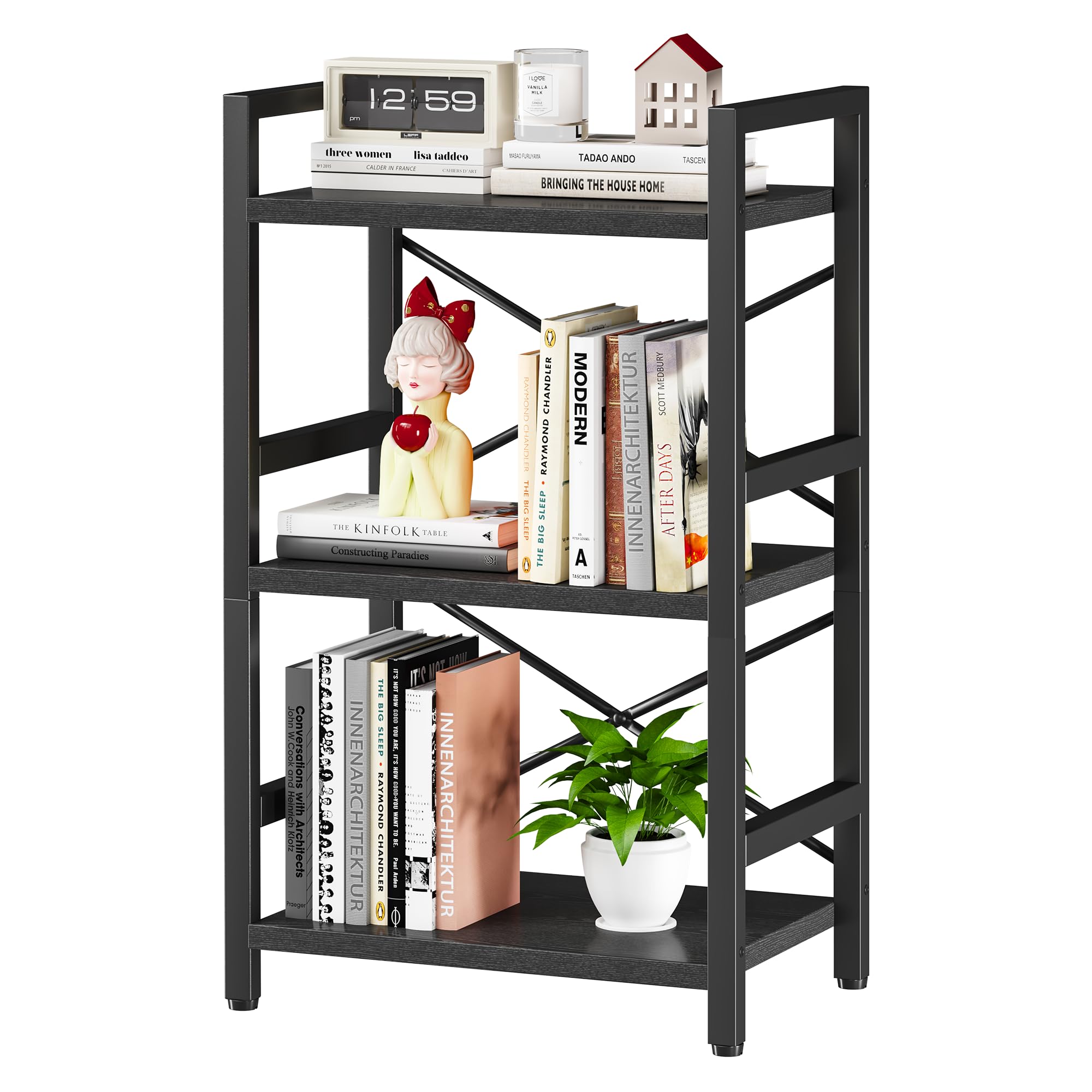 3 Tier Bookshelf 47.24  Width, Wood and Metal Etagere Bookcase, Vintage Farmhouse Modern Wooden Large Book Shelf for Home Living