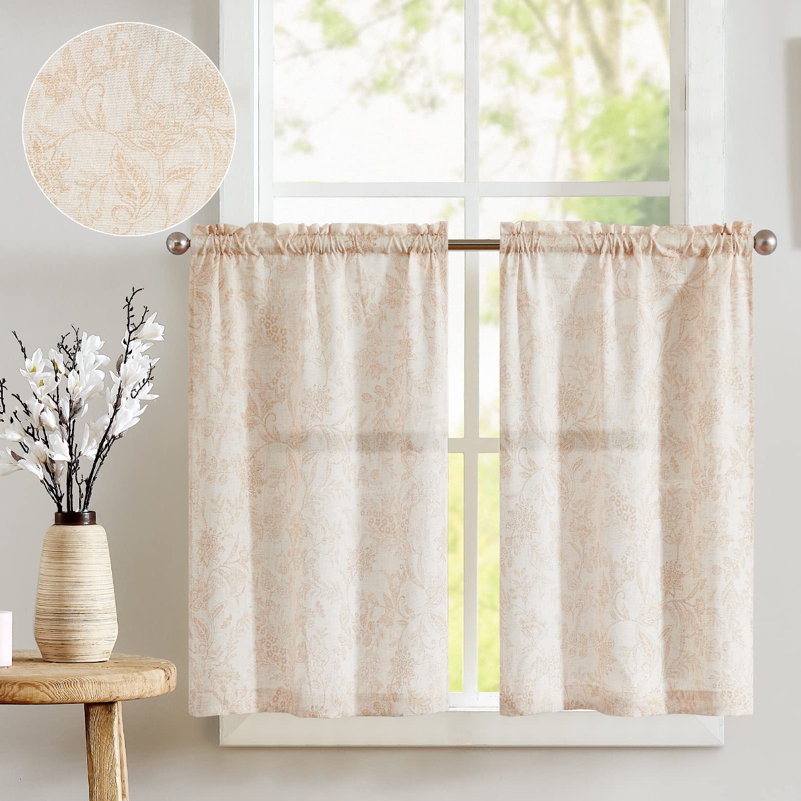 jinchan Floral Kitchen Curtains 36 Inch Linen Tier Curtains Farmhouse Cafe Curtains Country Botanic Small Window Curtains Rod Po