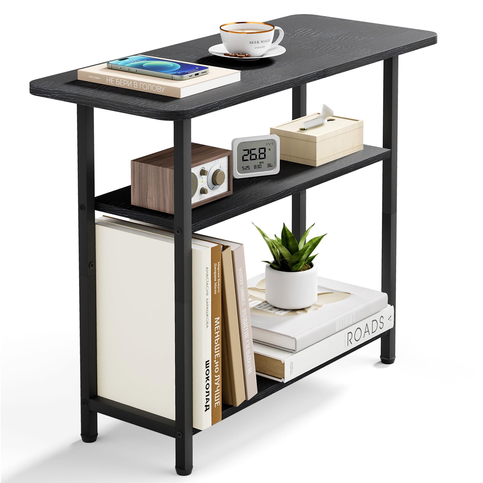 SLEEPING LAMB Side Table for Living Room, 3-Tier End Table for Small Space with Wide Storage Tabletop, Classic Black Narrow Nigh