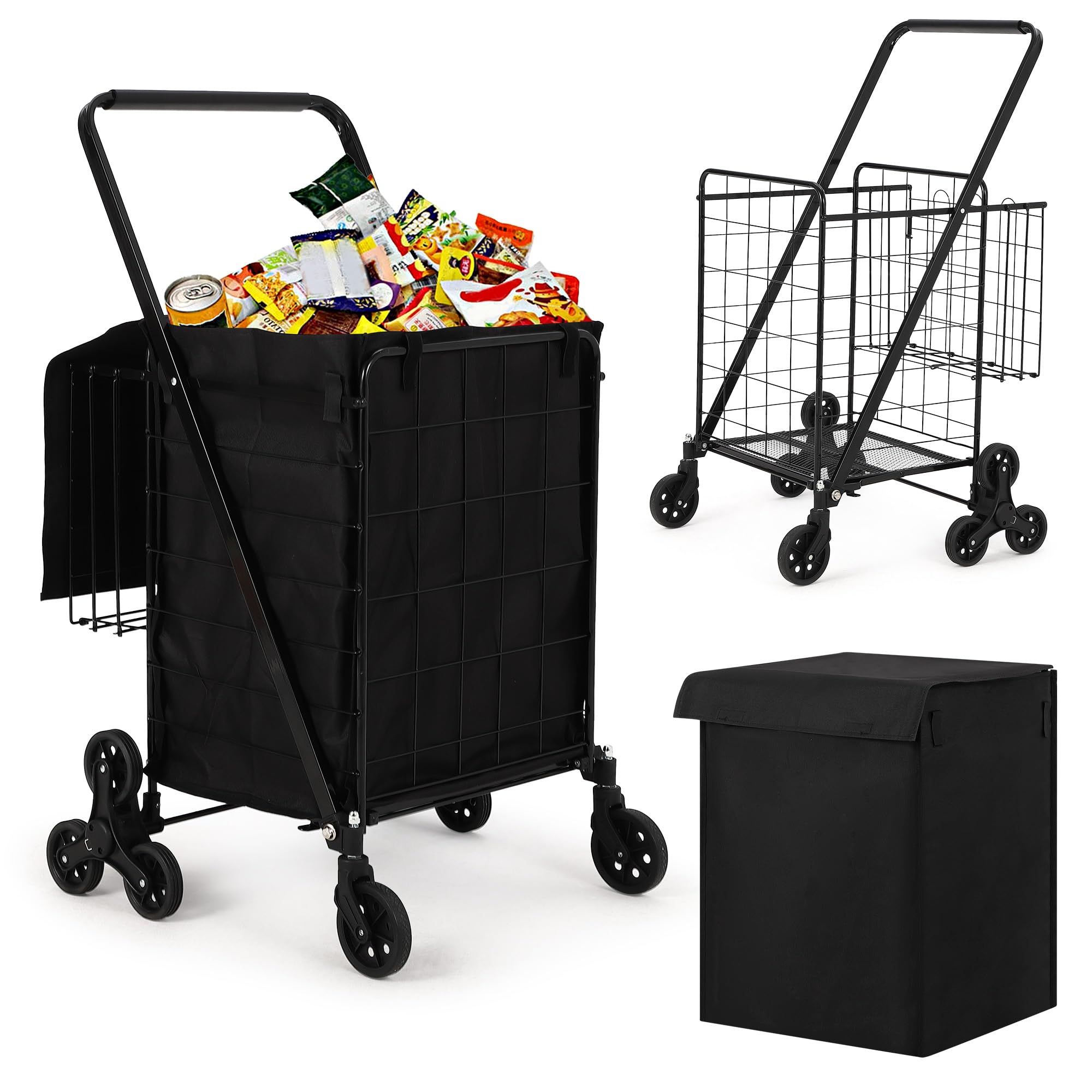 GarveeTech Grocery Shopping Cart, Stair Climbing Shopping with Waterproof Basket Liner & 360 Rolling Swivel Wheels, Portable Col