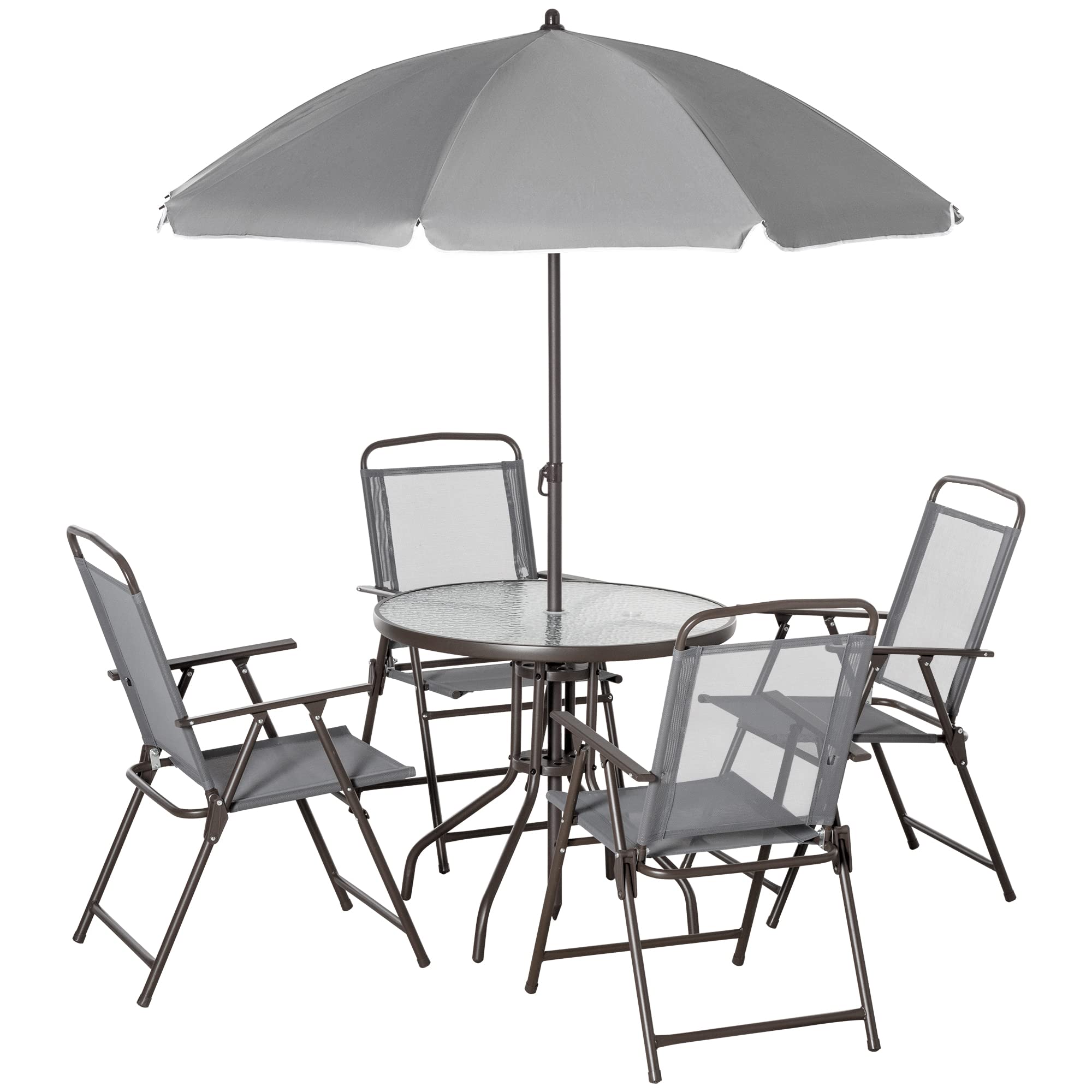 Outsunny 6 Piece Patio Dining Set for 4 with Umbrella, Outdoor Table and Chairs with 4 Folding Dining Chairs & Round Glass Table