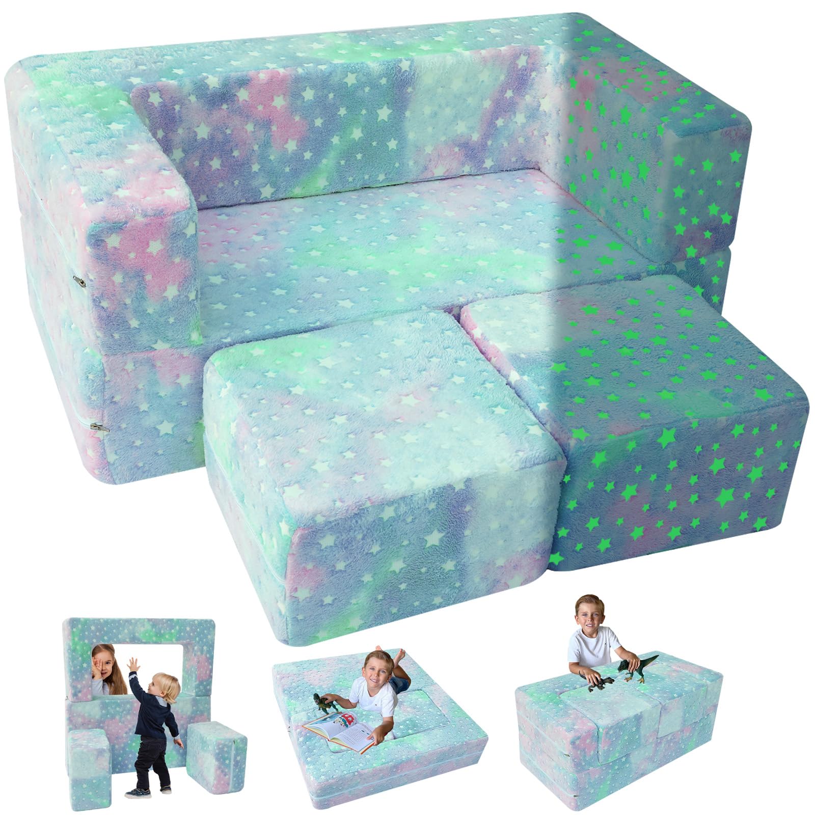 MeMoreCool Kids Couch Toddler Couch, Stars Glow in The Dark Kids Couch Fold Out, Baby Couch Kids Bedroom Furniture, Kids Sofa Pl