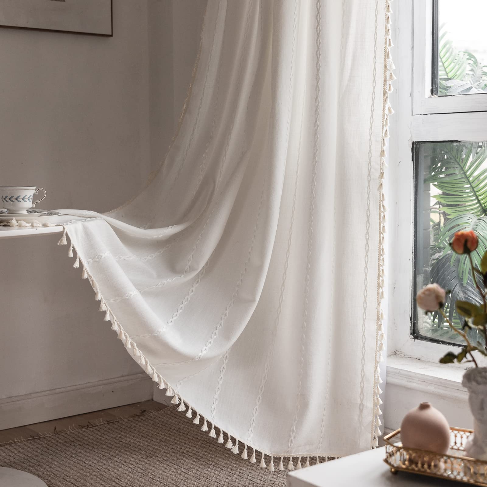 RoomTalks Extra Long White Boho Farmhouse Curtains for Bedroom Living Room 96 Inch Length 2 Panels Cute Textured Window Curtain 