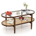 Giantex Boho Rattan Coffee Table - Acacia Wood Center Table with Tempered Glass Tabletop & PE Rattan Storage Shelf, 2-Tier Oval 