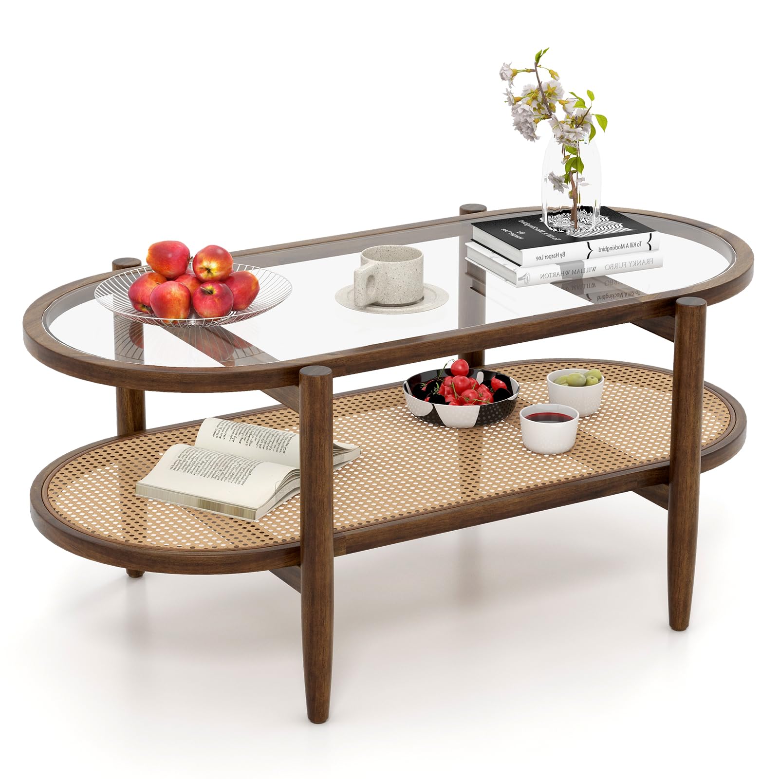Giantex Boho Rattan Coffee Table - Acacia Wood Center Table with Tempered Glass Tabletop & PE Rattan Storage Shelf, 2-Tier Oval 