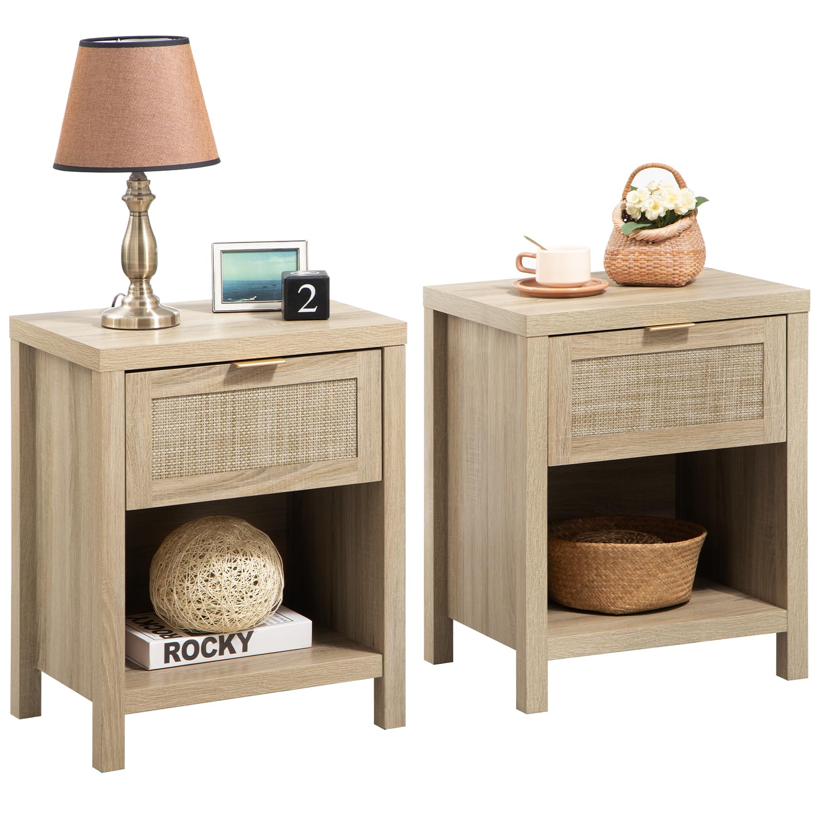 SICOTAS Rattan Nightstands Set of 2, Farmhouse Night Stands with Drawer Bedside Table - Boho End Table Side Table Accent Table f