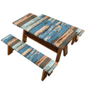 Binienty Blue Brown Wooden Picnic Table Cover with Bench Covers, Vinyl Flannel with Elastic Edges, Water-Proof Oil Easy to Store