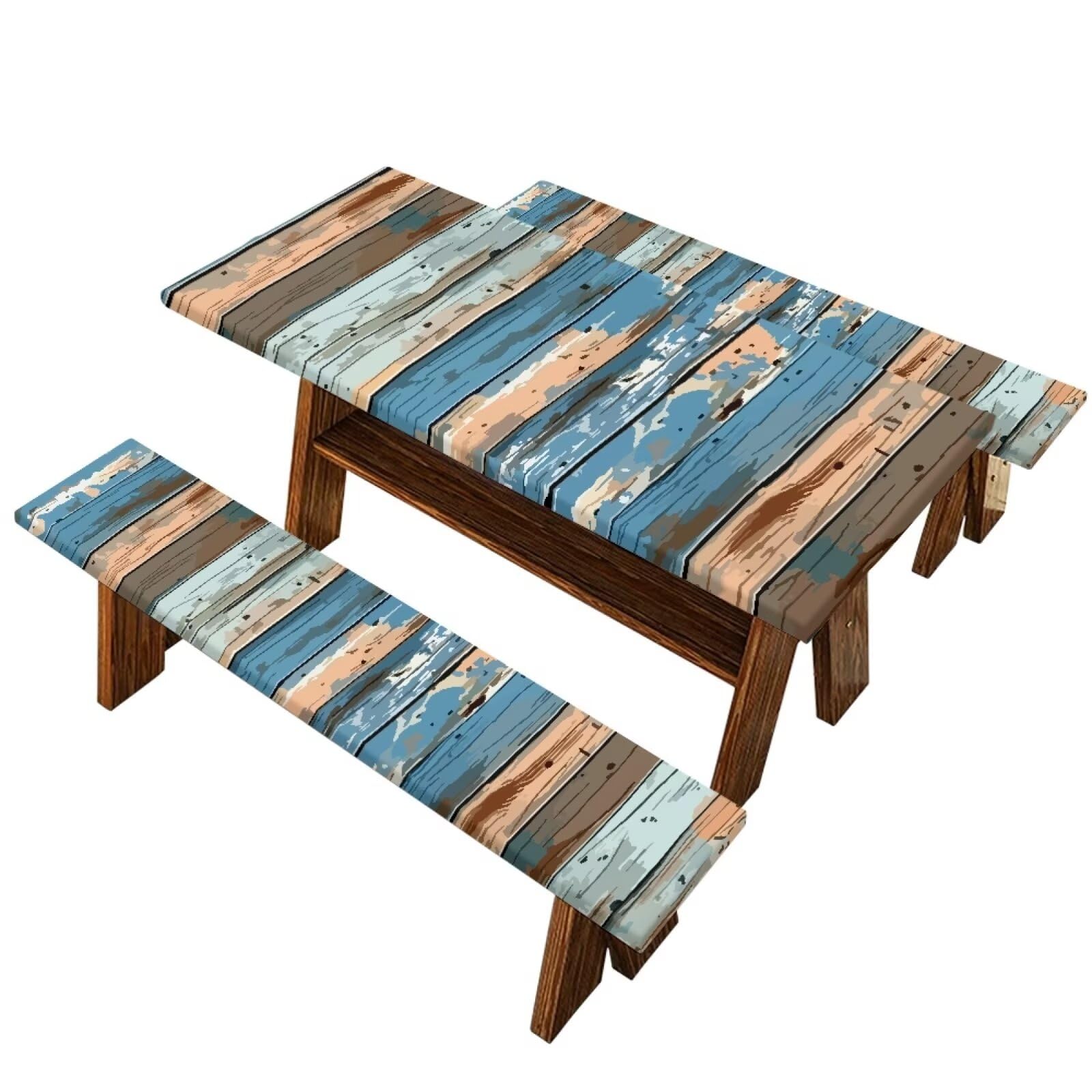 Binienty Blue Brown Wooden Picnic Table Cover with Bench Covers, Vinyl Flannel with Elastic Edges, Water-Proof Oil Easy to Store