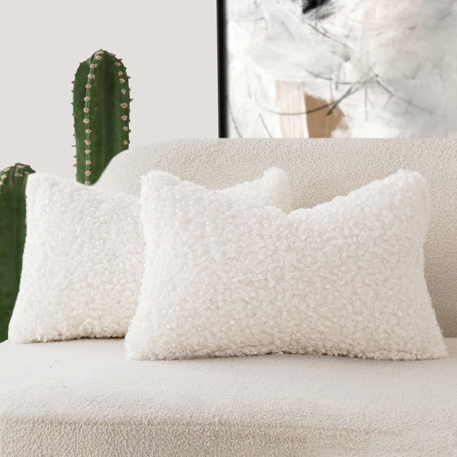 Foindtower Set of 2 Curly Teddy Wool Faux Fur Pillow Covers Decorative Boucle Textured Lumbar Throw Pillow Oblong Accent Pillowc