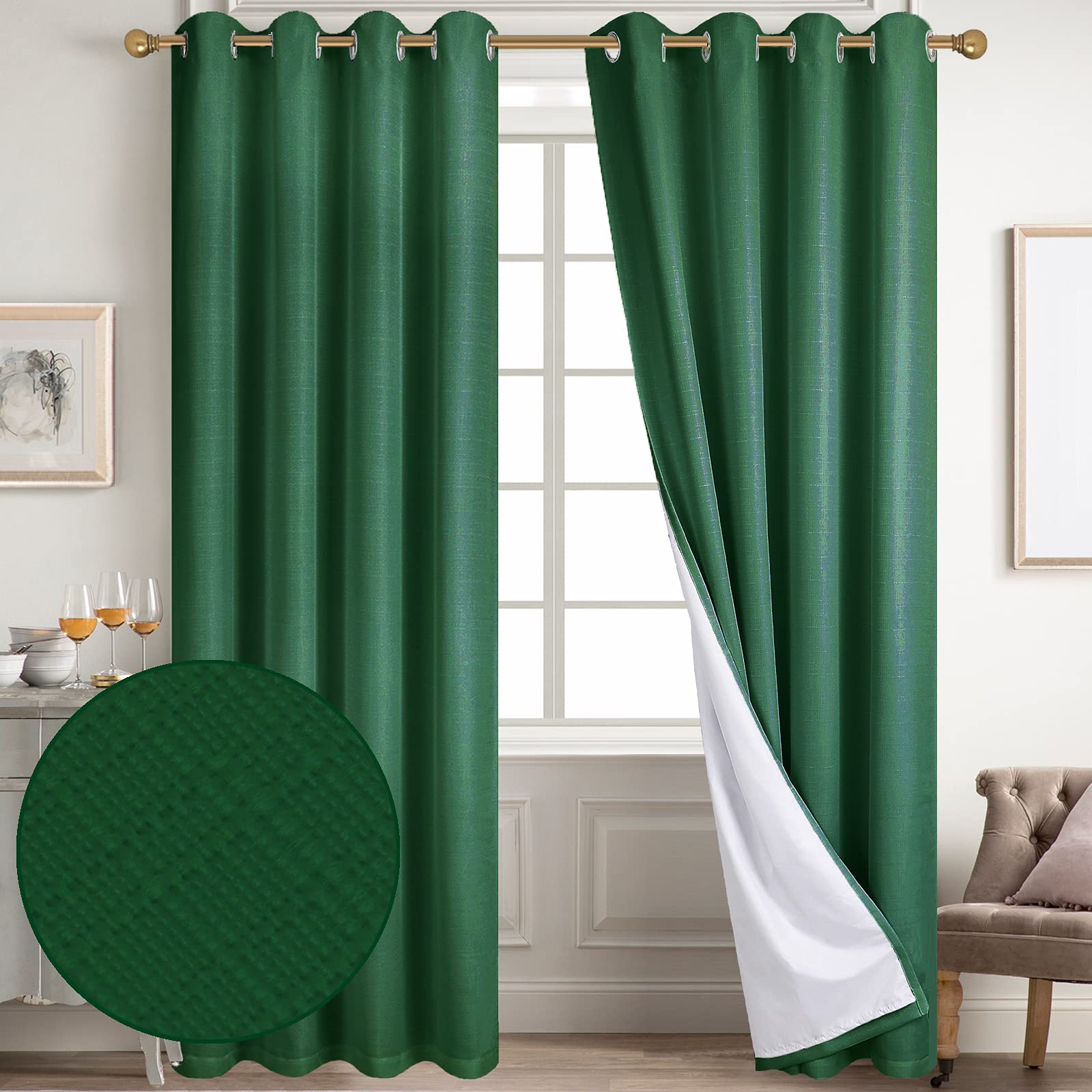 Diraysid 100% Blackout Curtains Dark Green Linen Curtains for Bedroom Grommet Thermal Insulated Room Darkening Drapes (2 Panels,