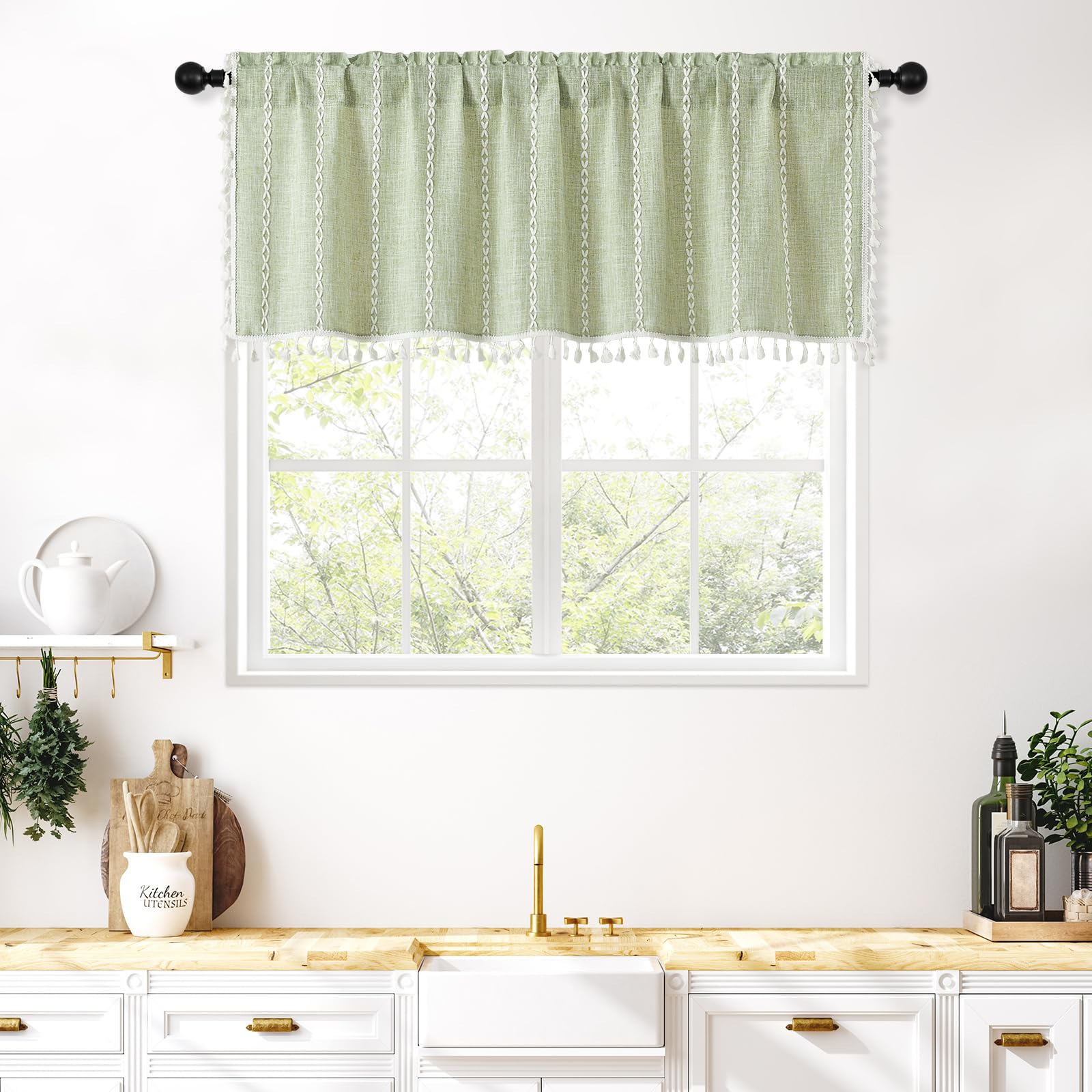 MitoVilla Boho Farmhouse Kitchen Valances for Windows, Sage Green French Country Valance Curtains for Living Room/Bedroom, Moder