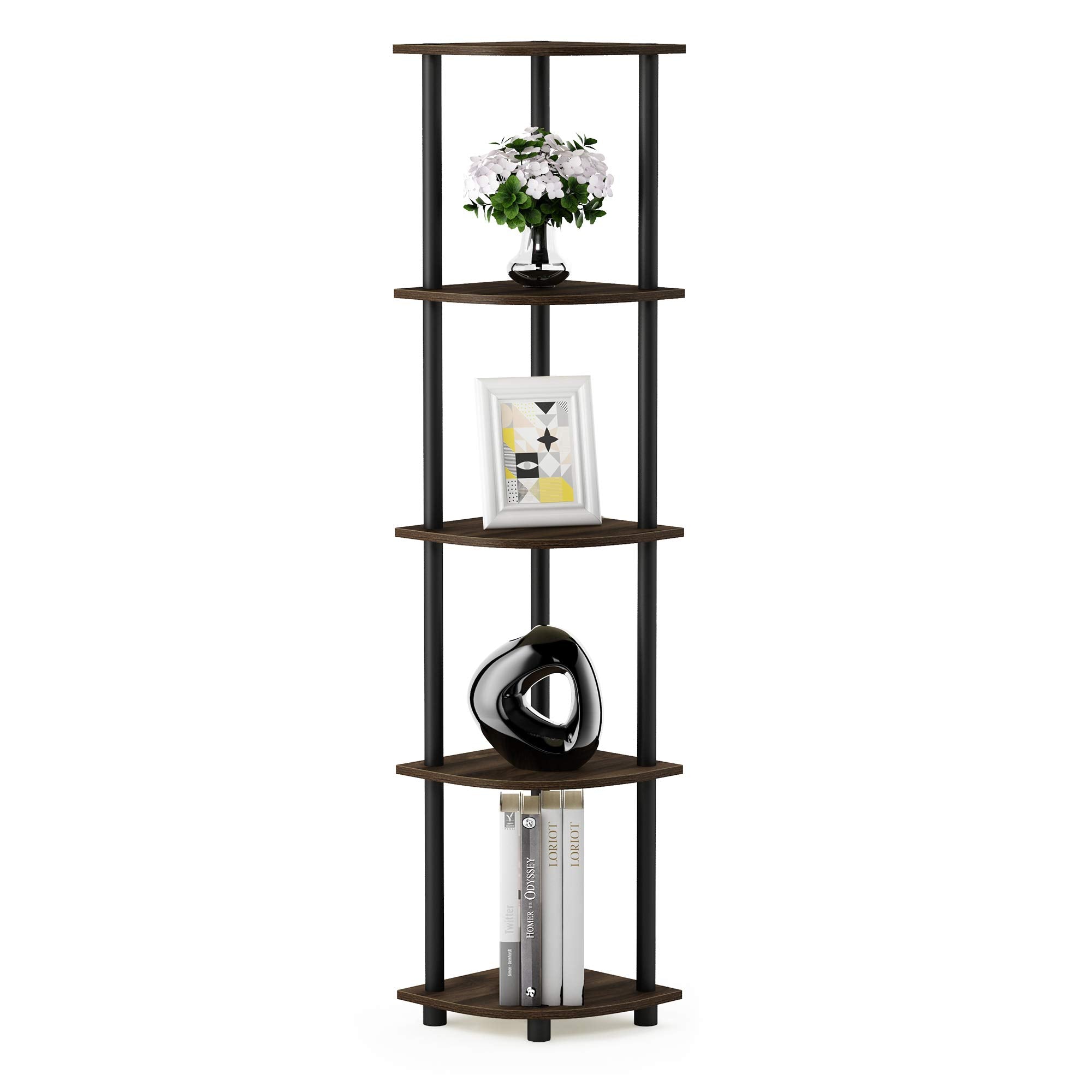 Furinno Turn-N-Tube 5 Tier Corner Display Rack Multipurpose Shelving Unit, 1-Pack, Columbia Walnut/Black