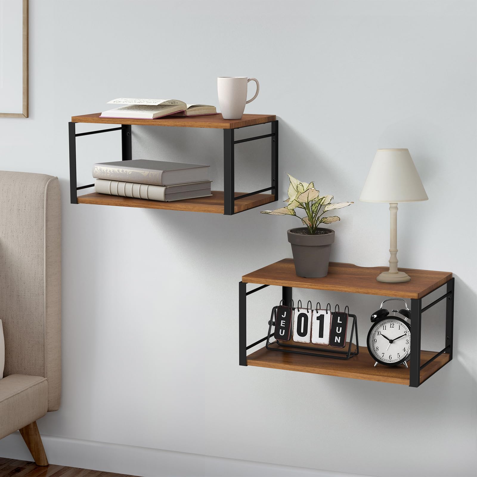 NANAGIFTREE Floating Nightstand Wall Shelf, Wood Bedside Shelf Wall Mounted Nightstand Set of 2, Floating Bedside Table for Bedr