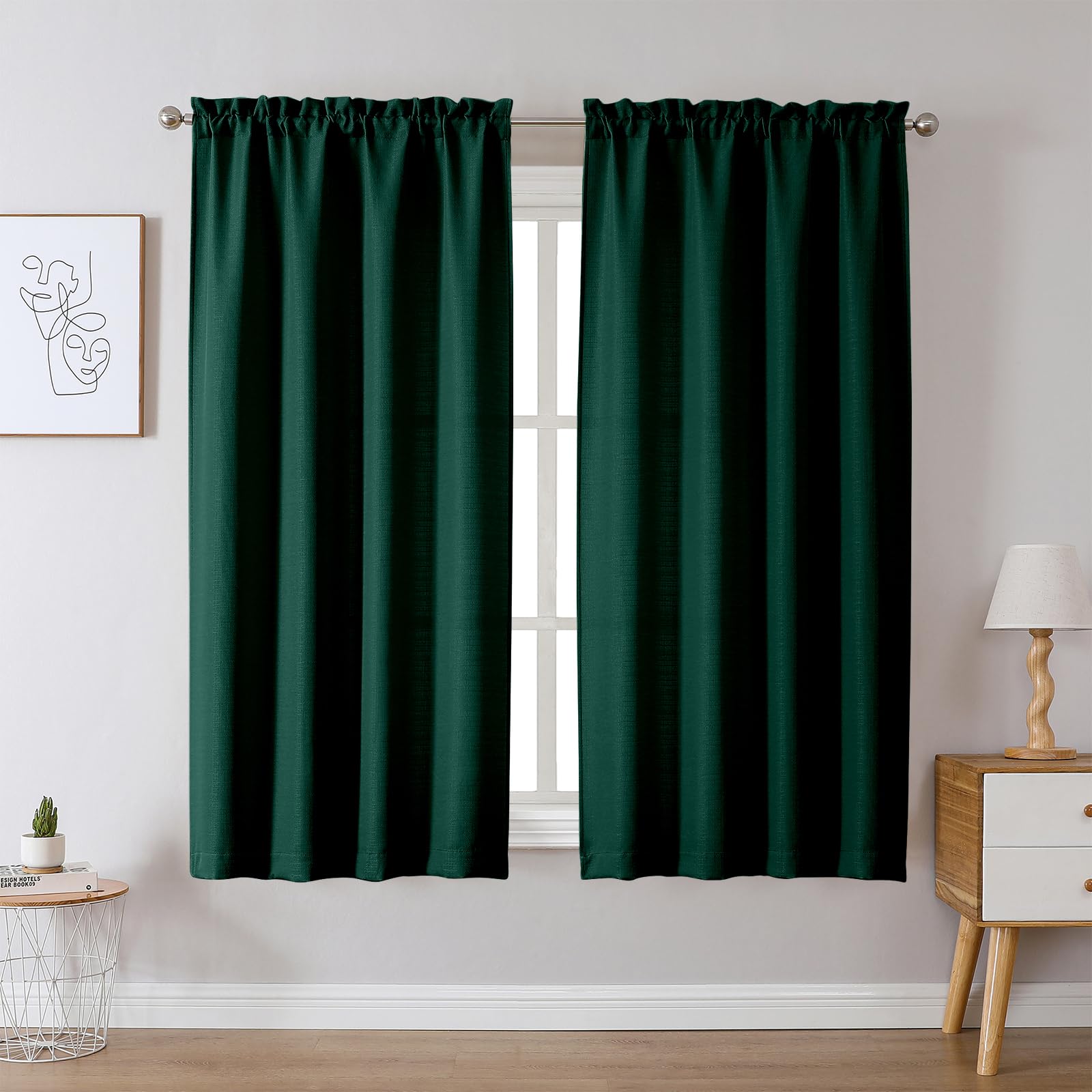 Chyhomenyc Christmas Hunter Green Curtains 72 Inch Length 2 Panels Set, Faux Linen Textured Light Filtering Soft Airy Privacy Fa