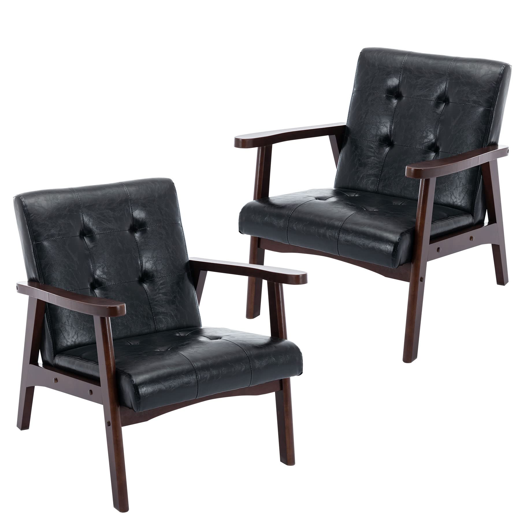 Bonzy Home Mid Century Modern Accent Chairs Set of 2 for Living Room, Upholstered Faux Leather Armchair Comfy Retro Bedroom Side