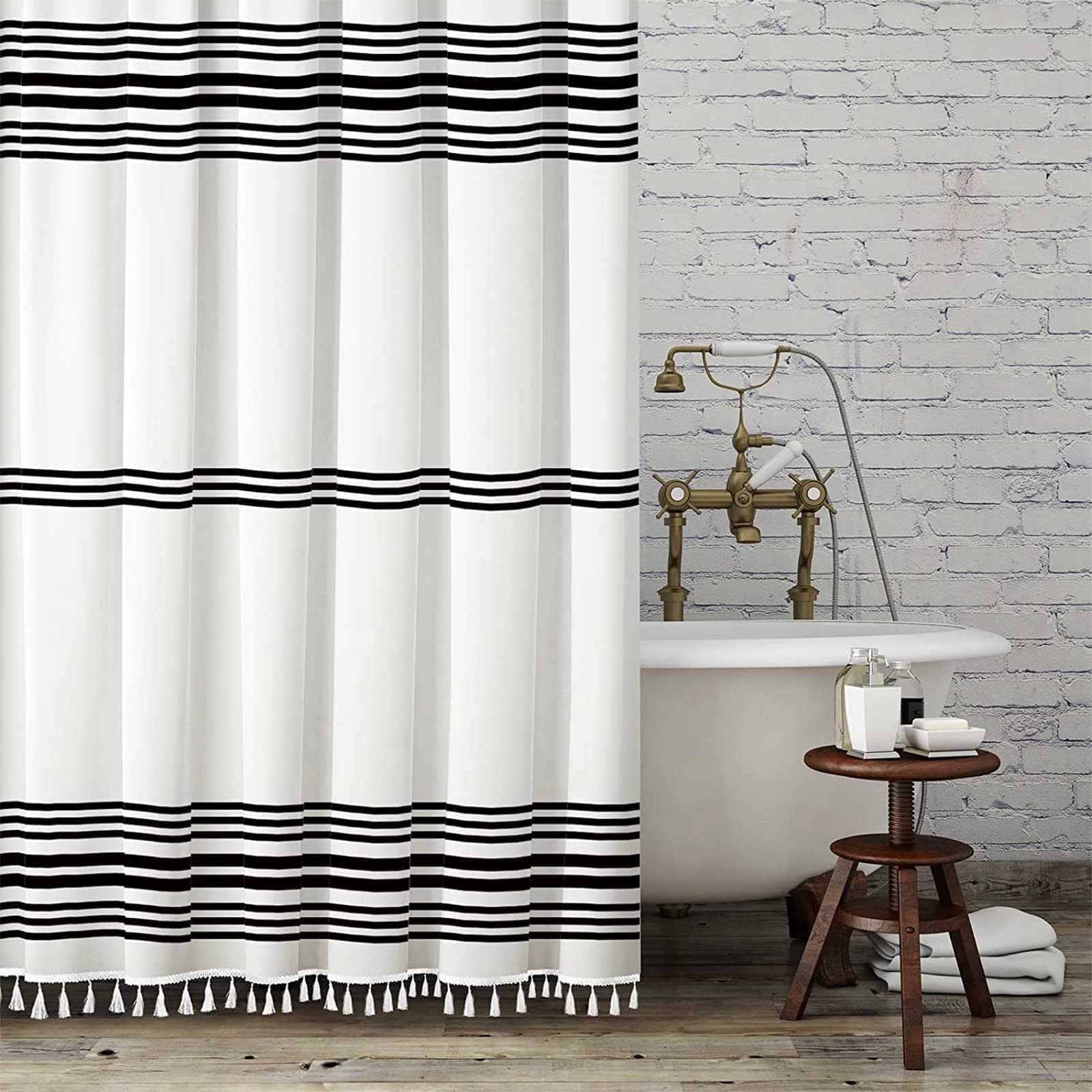 Seasonwood White Shower Curtain Tassel Fabric Shower Curtain 84 inch Shower Curtain for Bathroom Decor, 72 x 84,Black and White