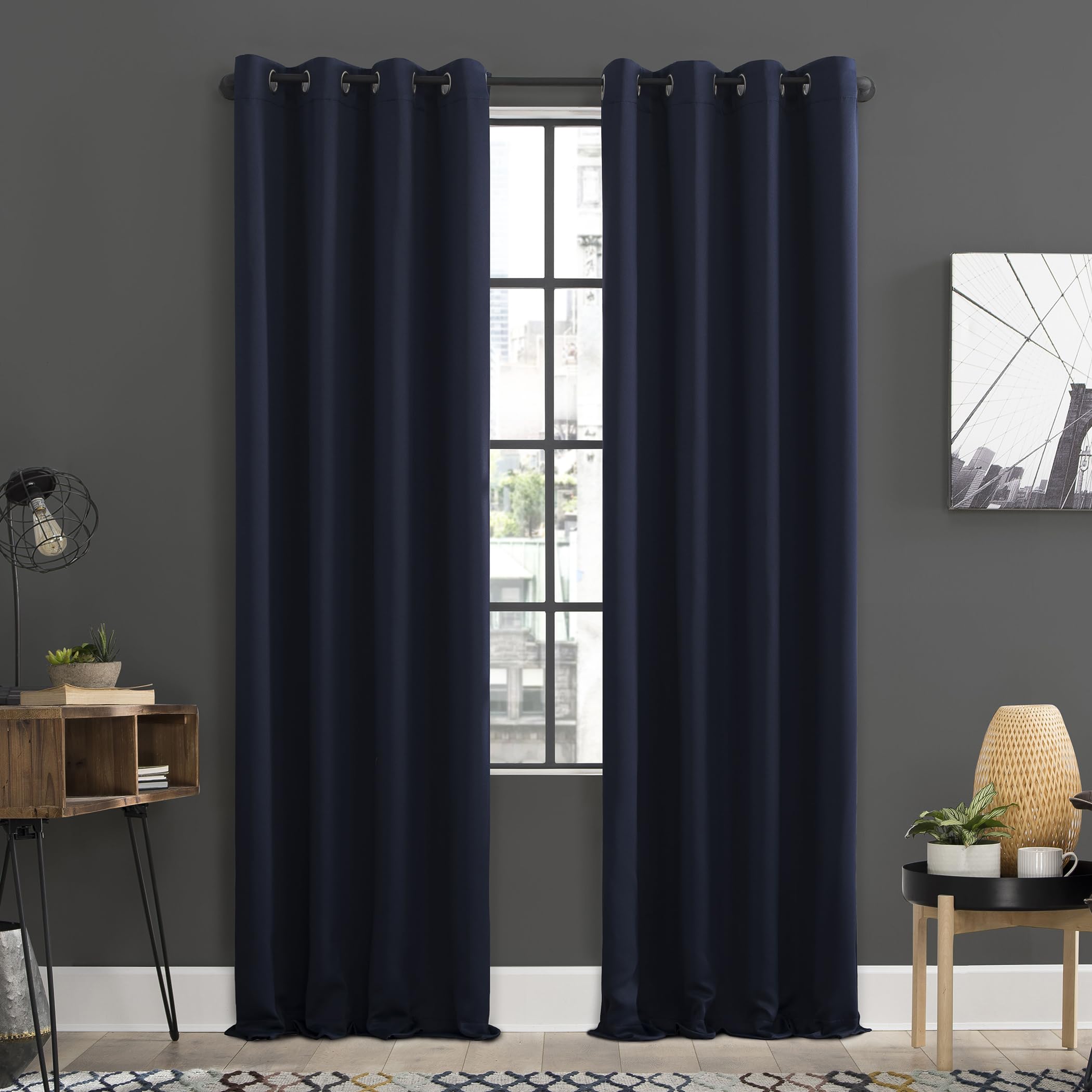 Sun Zero Soho 2-pack Blackout Energy Efficient Grommet Curtain Panel Pair, 54 x 84, Navy Blue