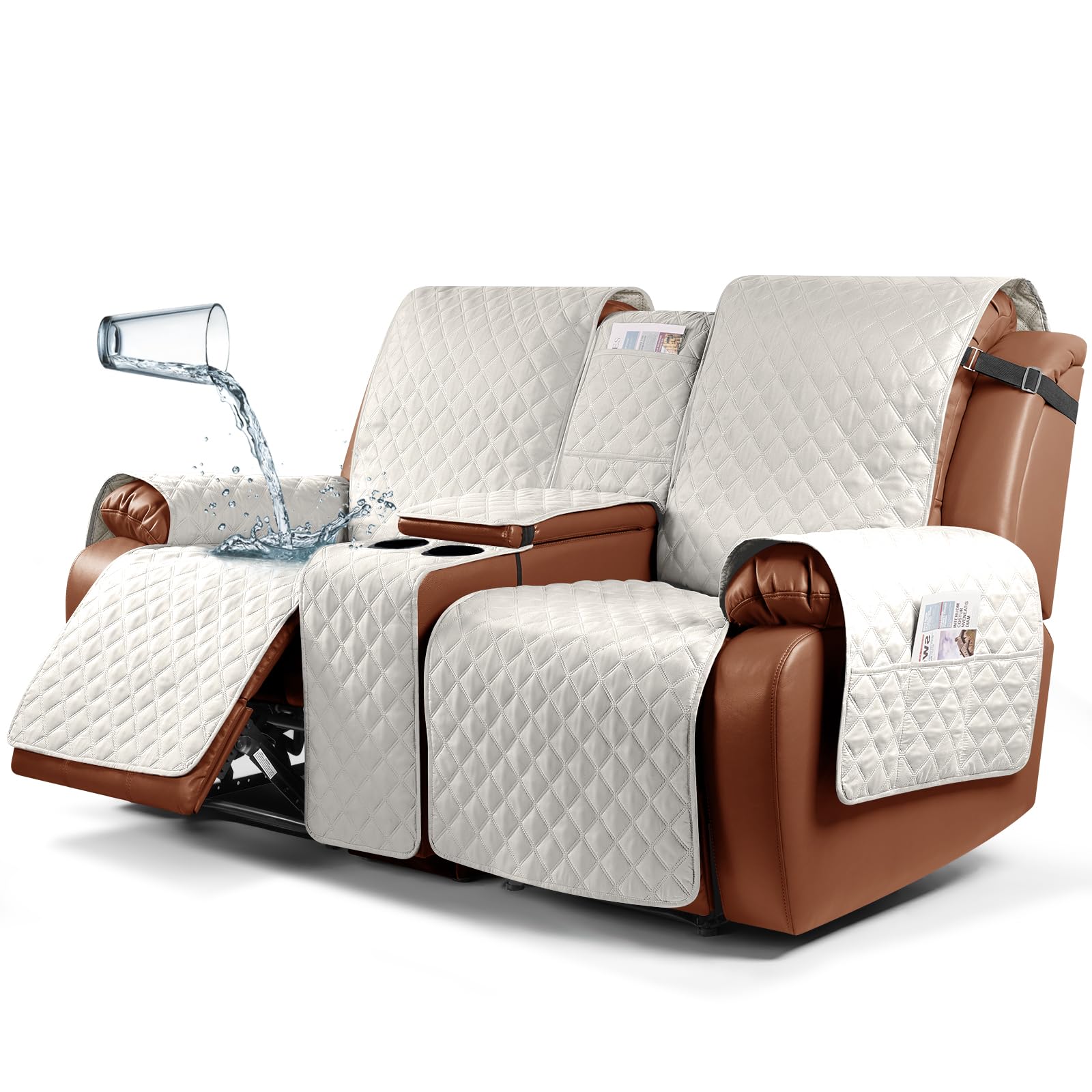Ruaozz Waterproof Recliner Loveseat Cover with Console, Non-Slip Couch Cover Pet Cover for Double Recliner Split Sofa Cover with