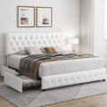 Keyluv Modern Upholstered Bed Frame with 4 Drawers, Button Tufted Headboard Design, Solid Wooden Slat Support, Easy Assembly, Qu