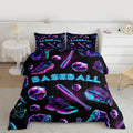 Feelyou Baseball Theme Bedding Set Soft for Boys Girls, Blue Purple Comforter Set Full Size Baseball Bat Gloves Duvet Quilt Micr