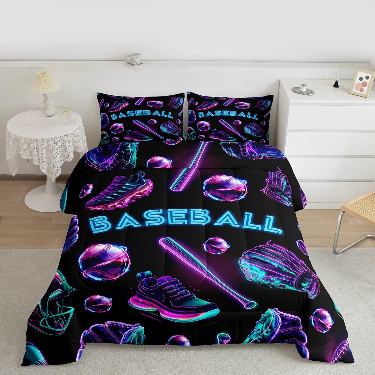 Feelyou Baseball Theme Bedding Set Soft for Boys Girls, Blue Purple Comforter Set Twin Size Baseball Bat Gloves Duvet Quilt Micr