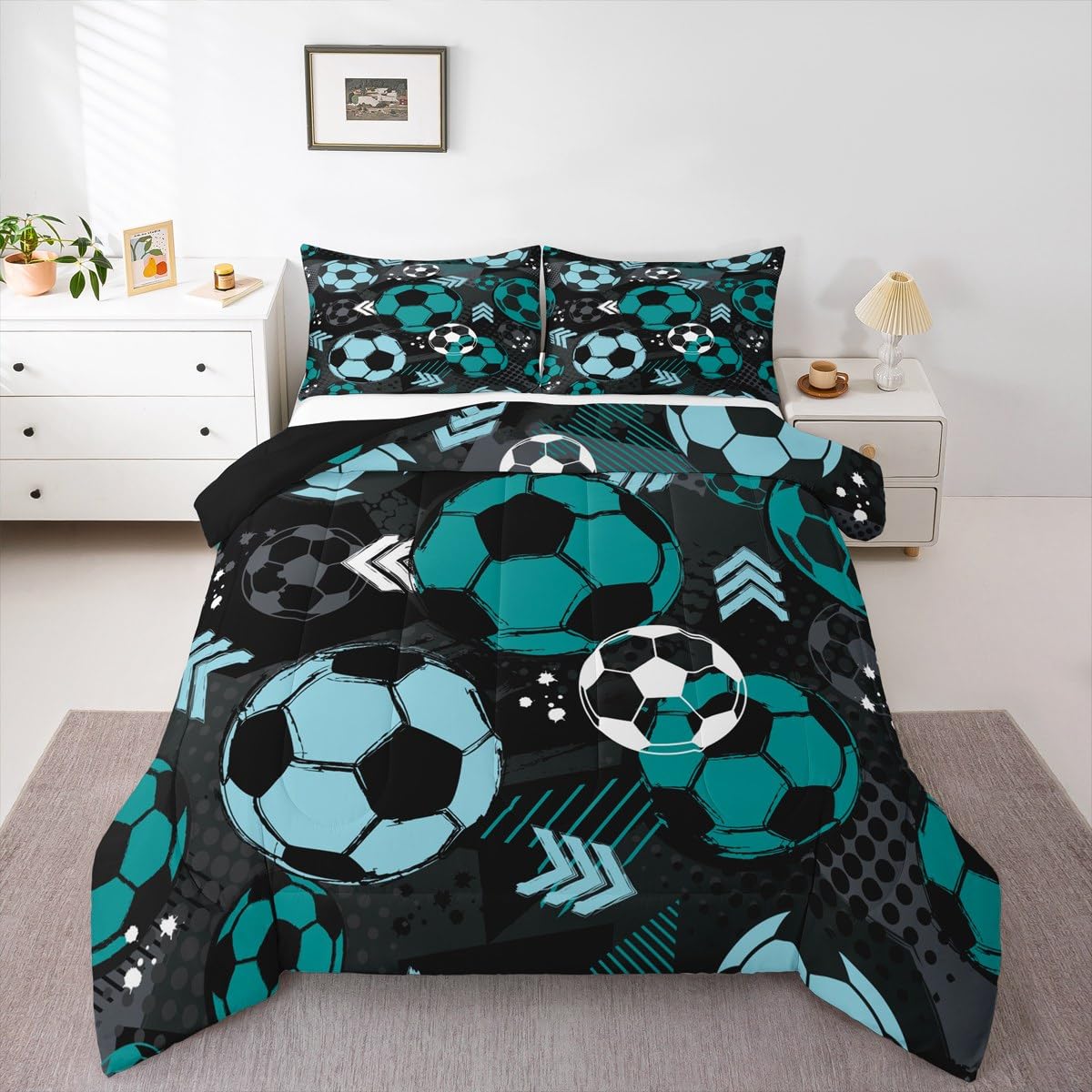 jejeloiu Boys Soccer Comforter Set Full Size Kids Football Bedding Set for Girls Teens Sports Ball Gaming Geometric Duvet Quilt 