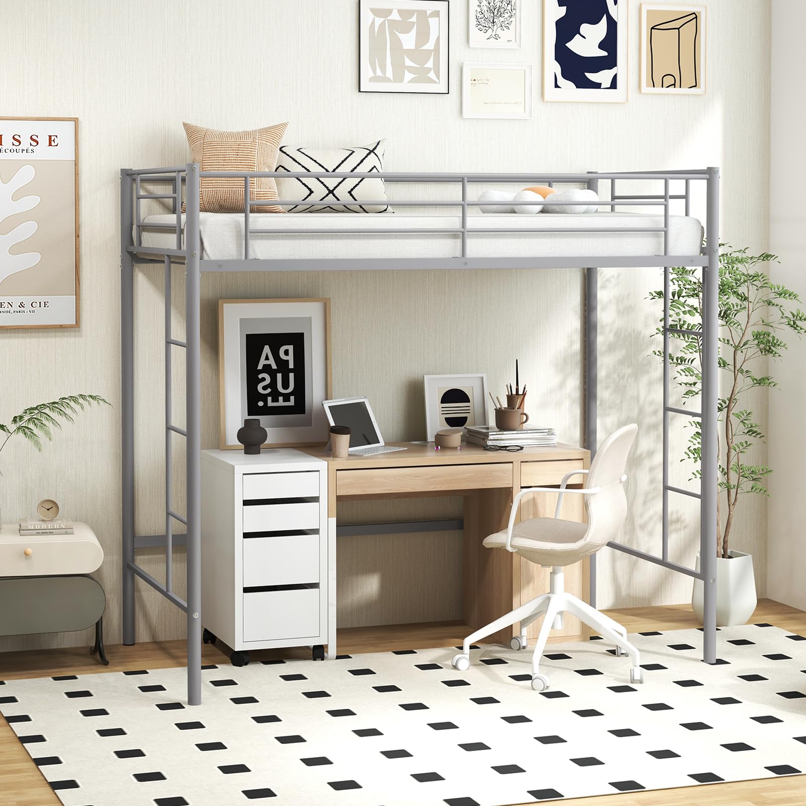 KOMFOTT Metal Twin Loft Bed, Space-Saving Loft Bed Frame with Full-Length Safety Guardrail, Both Side Ladders, Ample Under-Bed S