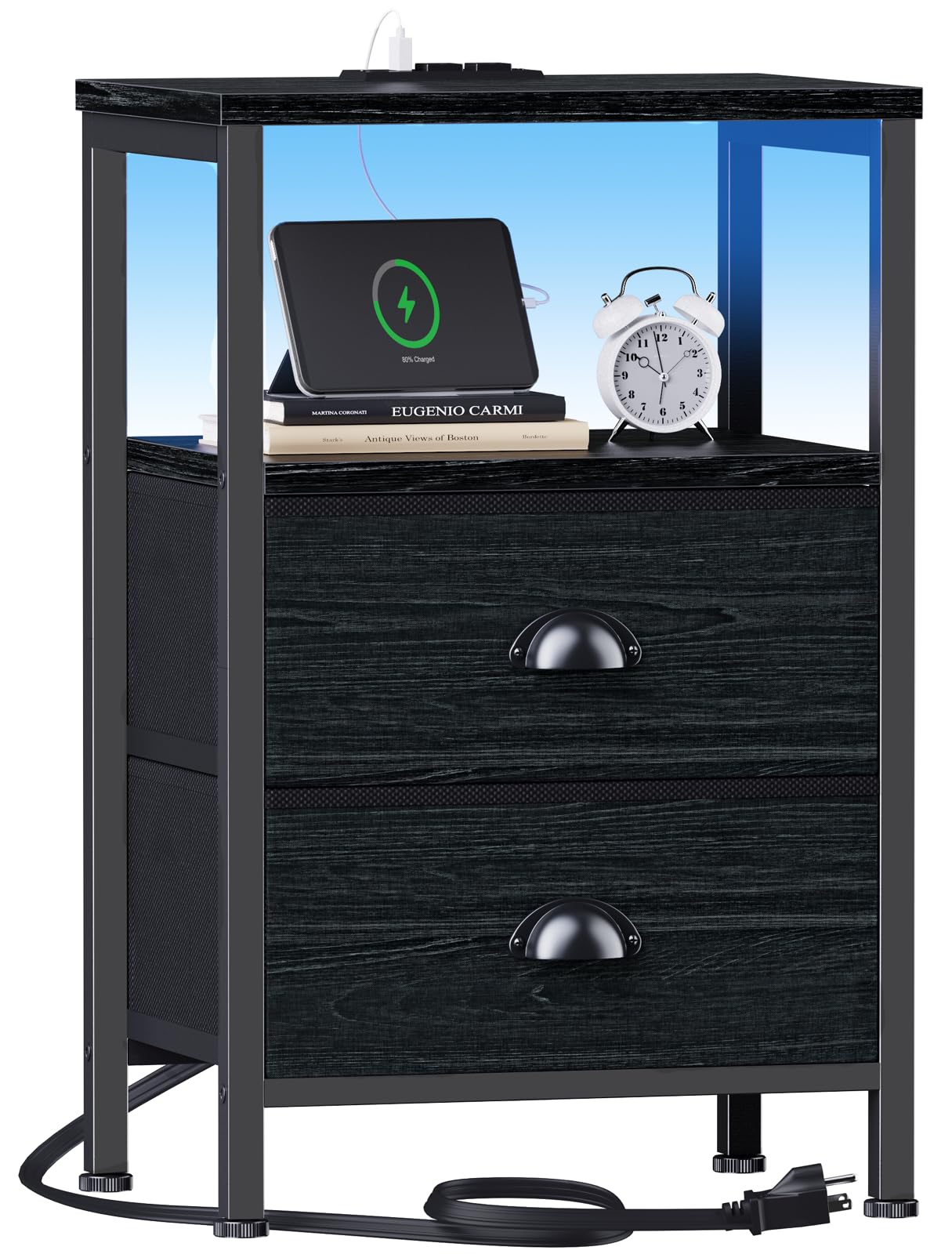 Furologee Nightstands with Charging Station, End Table with LED Lights, Black Night Stands with 2 Fabric Drawers, Bedside Tables