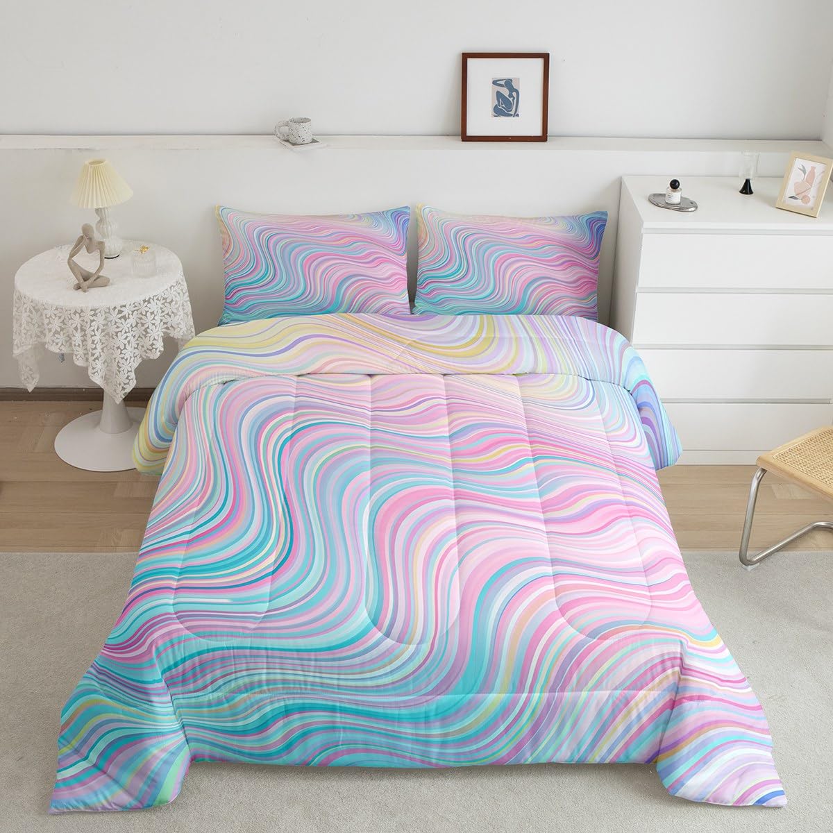 Feelyou Girls Pink Rainbow Comforter Set Queen Size Kids Stripe Bedding Set for Boys Teens Die Tye Comforter Breathable Geometri