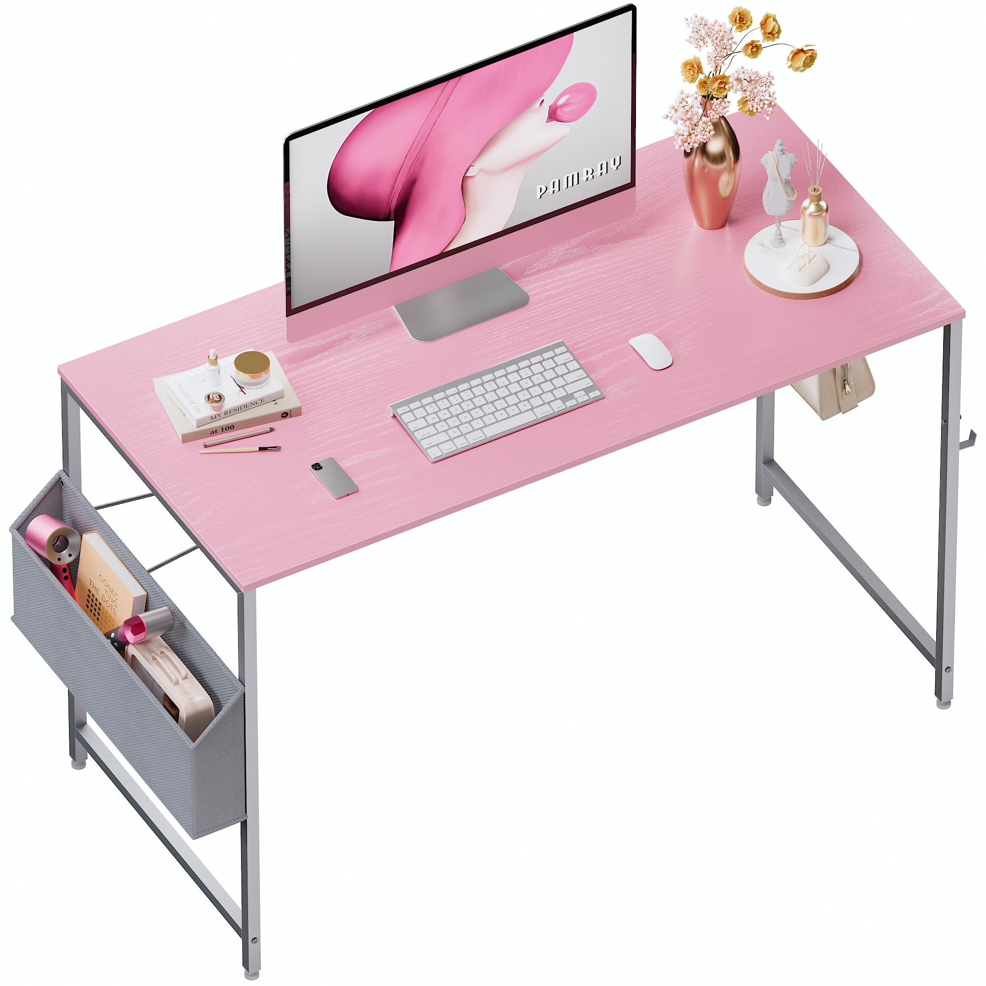 Pamray 32 Inch Computer Desk for Small Spaces with Storage Bag, Home Office Work Desk with Headphone Hook, Small Office Desk Stu