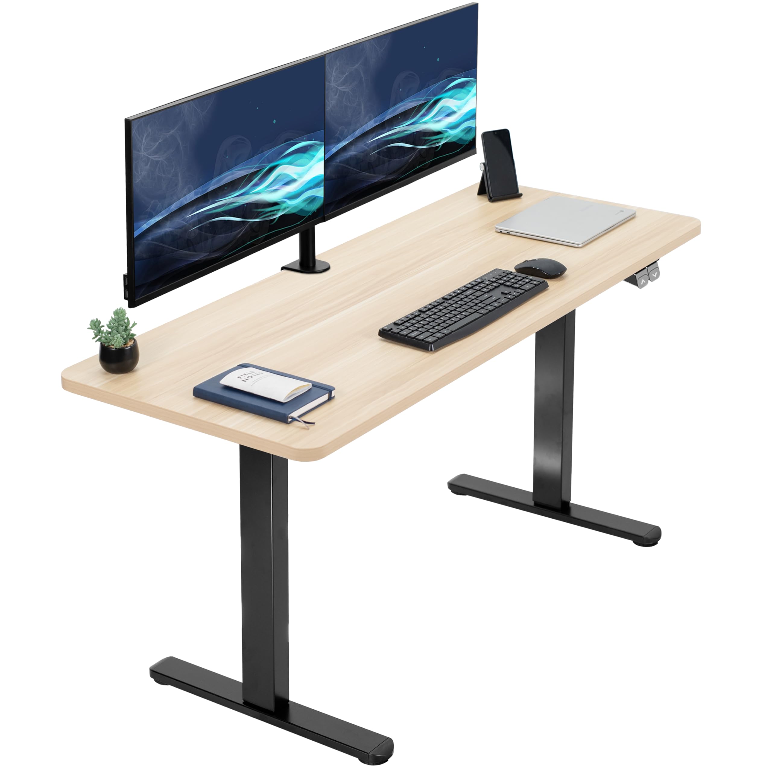 VIVO 60-inch Electric Height Adjustable 60 x 24 inch Stand Up Desk, Light Wood Solid One-Piece Table Top, Black Frame, Home & Of
