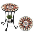 VINGLI Mosaic Outdoor Side Table, 14 Round End Table, Accent Table, Ceramic Tile Top Black Iron,Brown Flower