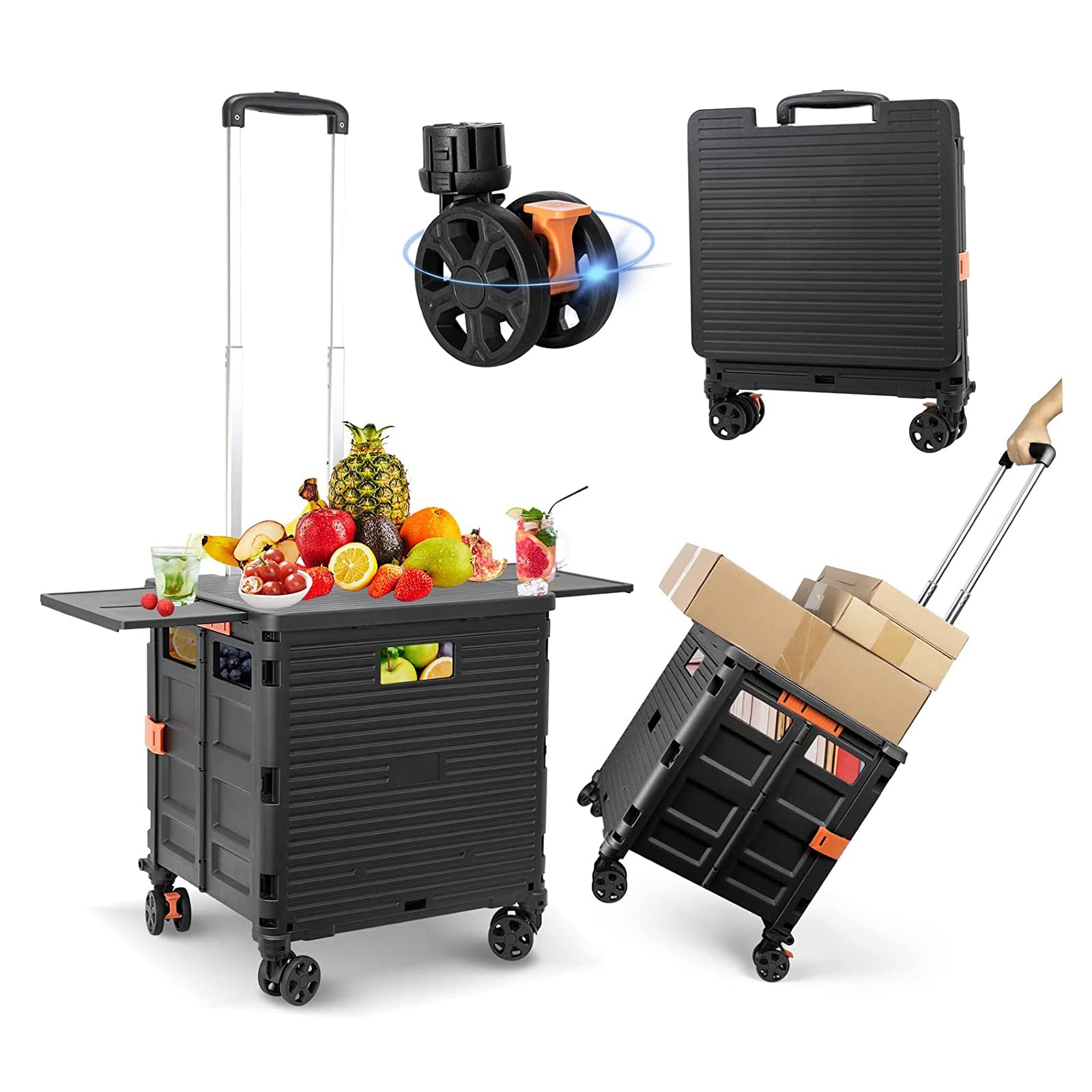 FELICON SELORSS Folding Utility Cart Portable Rolling Crate Handcart with Magnetic Sliding Lid Telescoping Handle Plastic Box Do