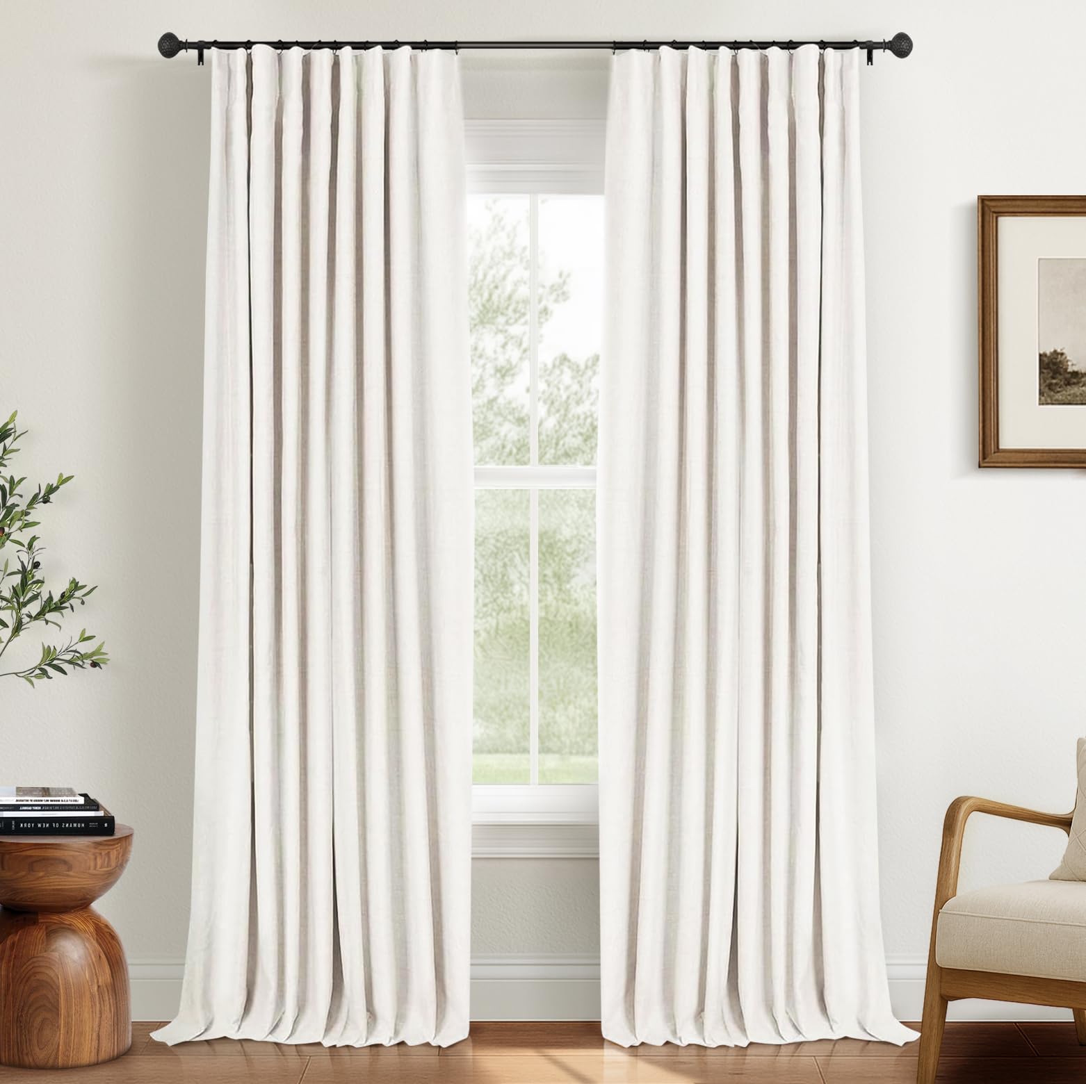 INOVADAY 100% Blackout Curtains for Bedroom, Black Out Curtains 63 Inch Long, Clip Rings Linen Blackout Drapes, Thermal Insulate