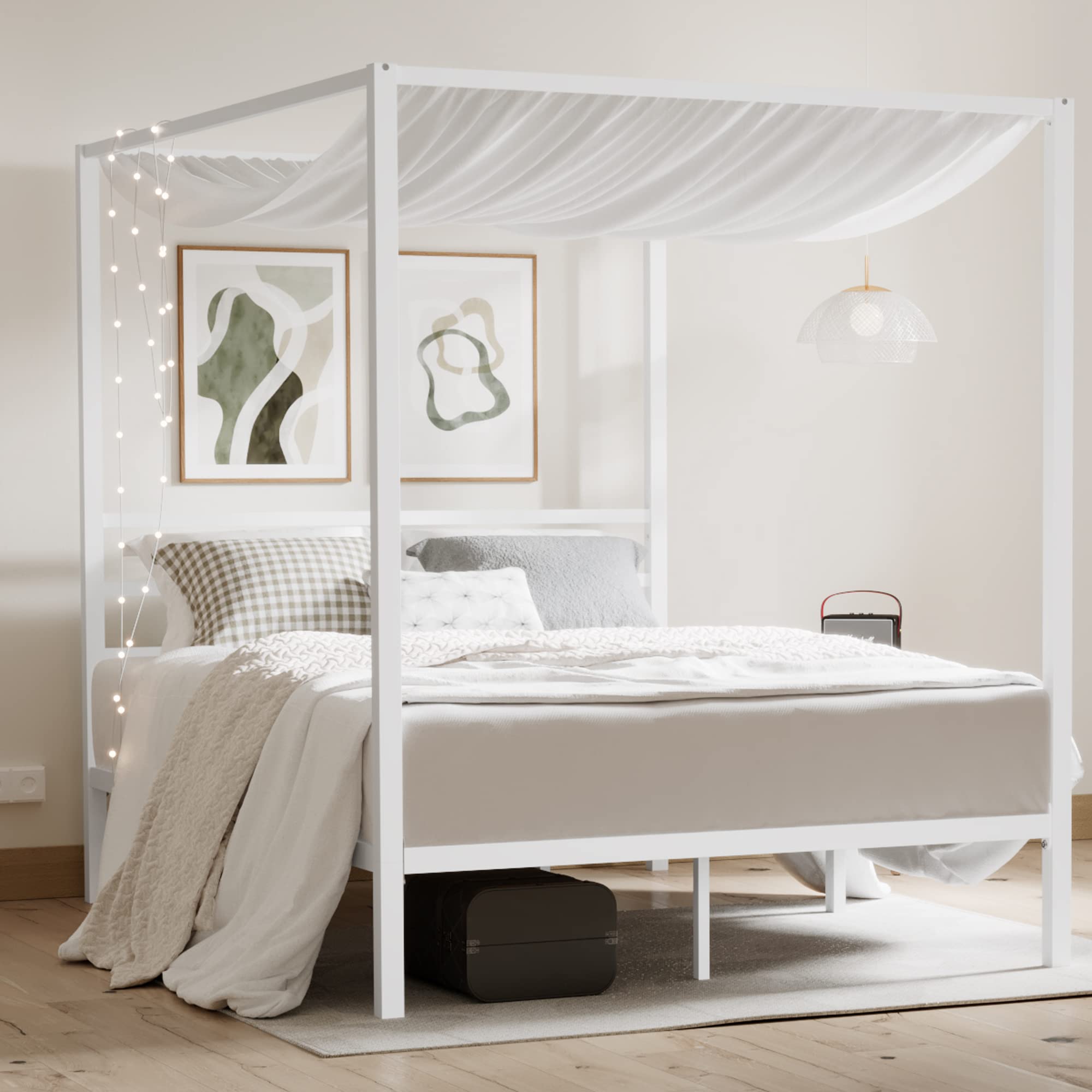 ikalido Full Size Metal Canopy Bed Frame, Modern Four-Poster Platform Bed Frame, Mattress Foundation with Metal Slats Support/Un