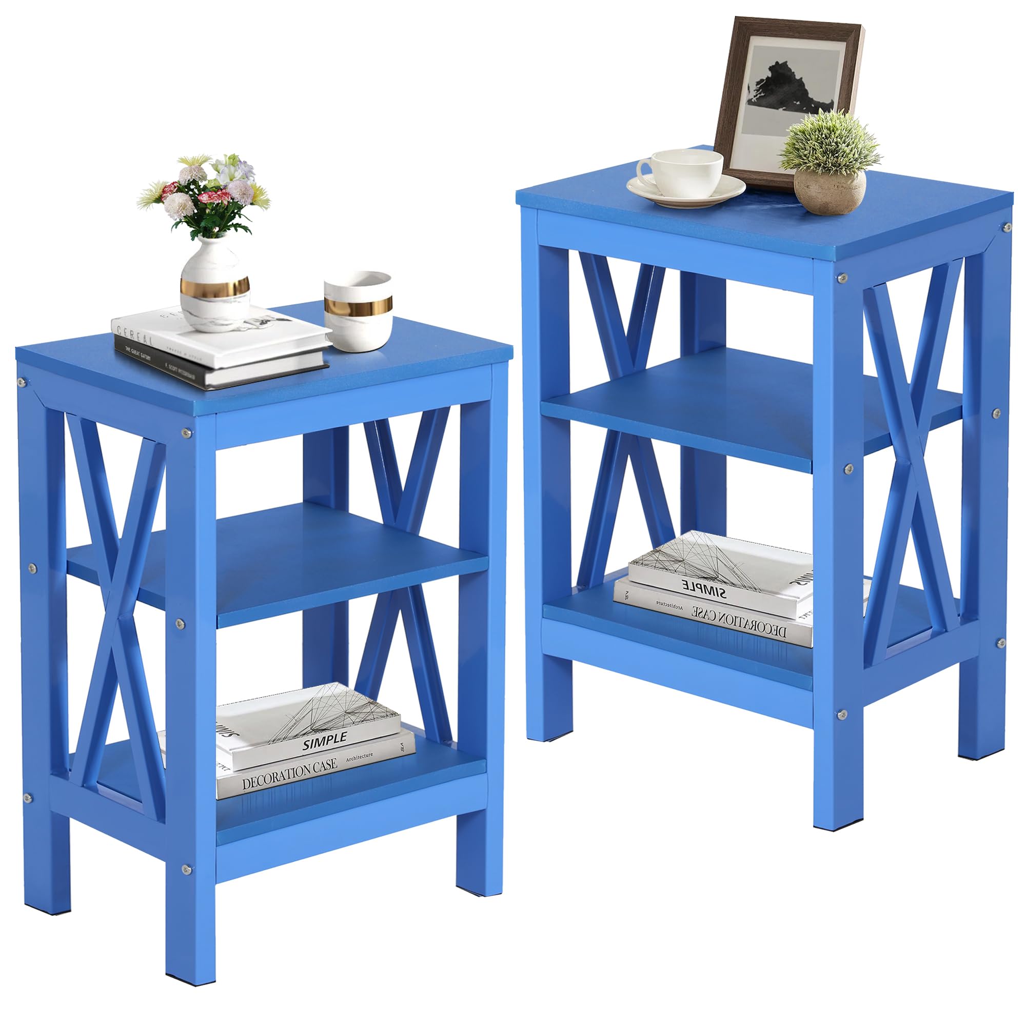 VECELO Side/End Table with Storage Shelf Nightstands for Childrens Living Room Bedroom Office, Set of 2, Dark Blue
