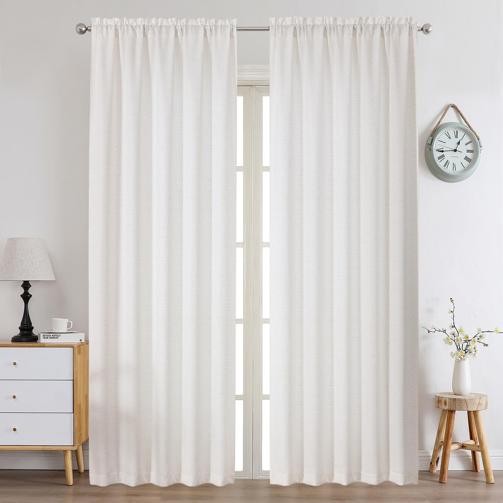 Chyhomenyc Natural Curtains 96 Inch Length 2 Panels Set, Faux Linen Textured Semi Light Filtering Soft Airy Farmhouse Window Cur