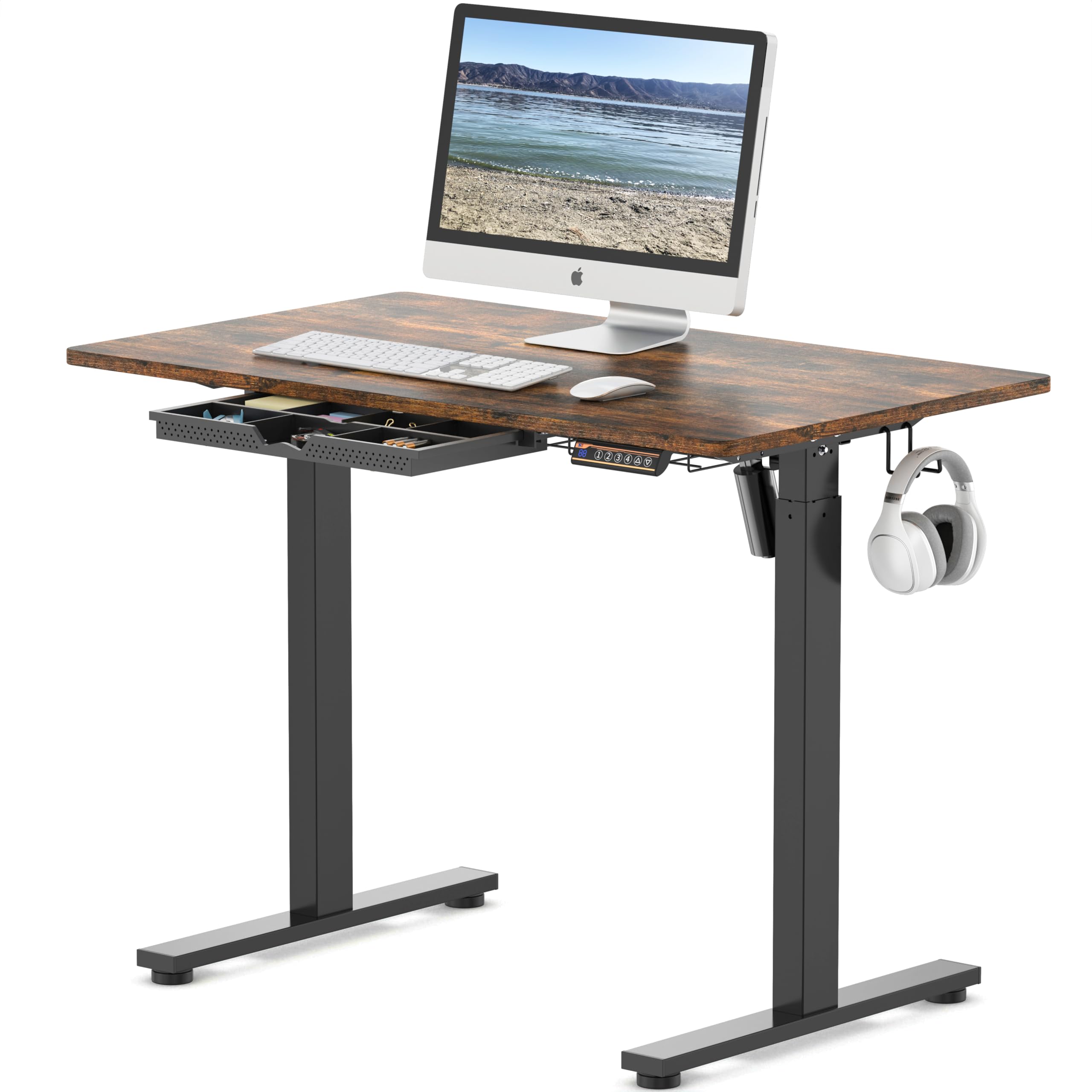 SHW 40-Inch Electric Height Adjustable Standing Desk with Drawer, Memory Preset and Cable Management Tray, Rustic Brown