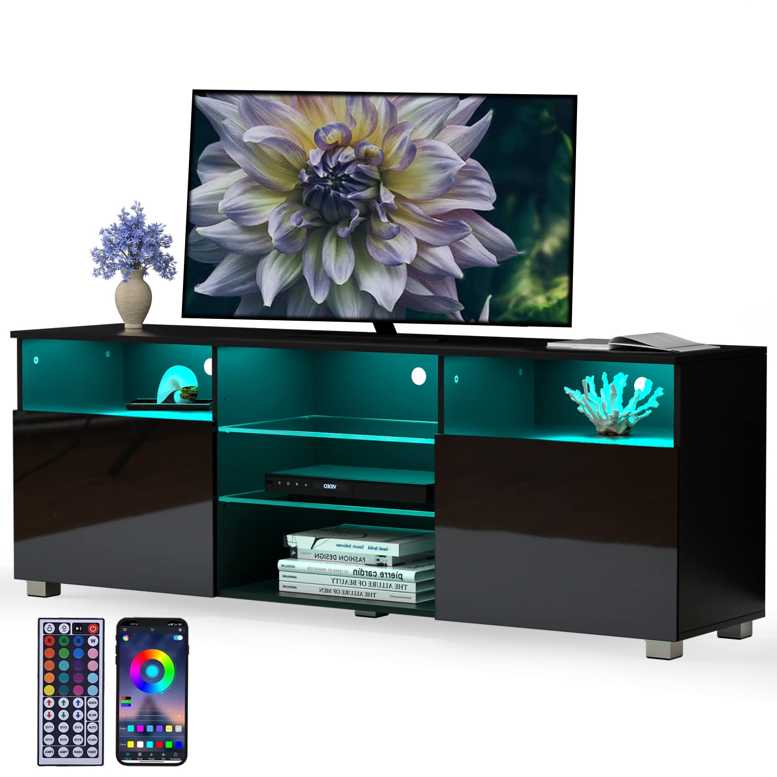 High Glossy LED Black TV Stand for 55/60/65 inch TV,Modern LED Entertainment Center with Adjustable Storage Shelves,Game Console