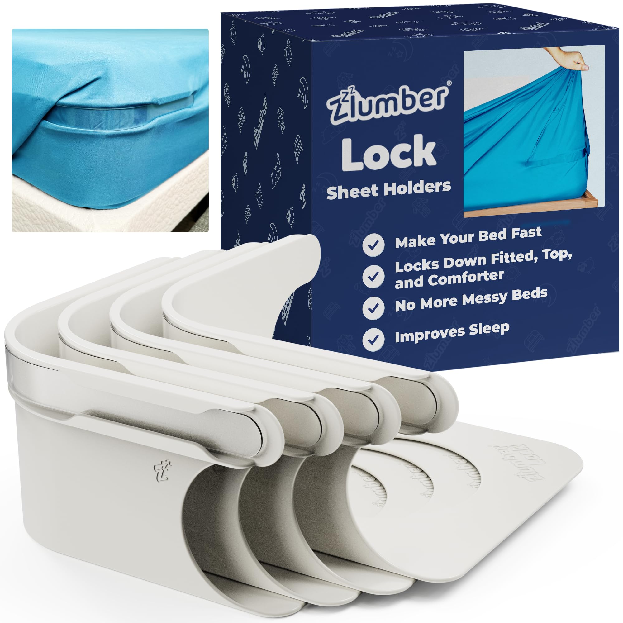 Zlumber Lock Sheet Holders Keep Sheets Firm & Tight - Ultimate Bed Sheet Holder Straps with Bedsheet Clips/Straps No More Loose 