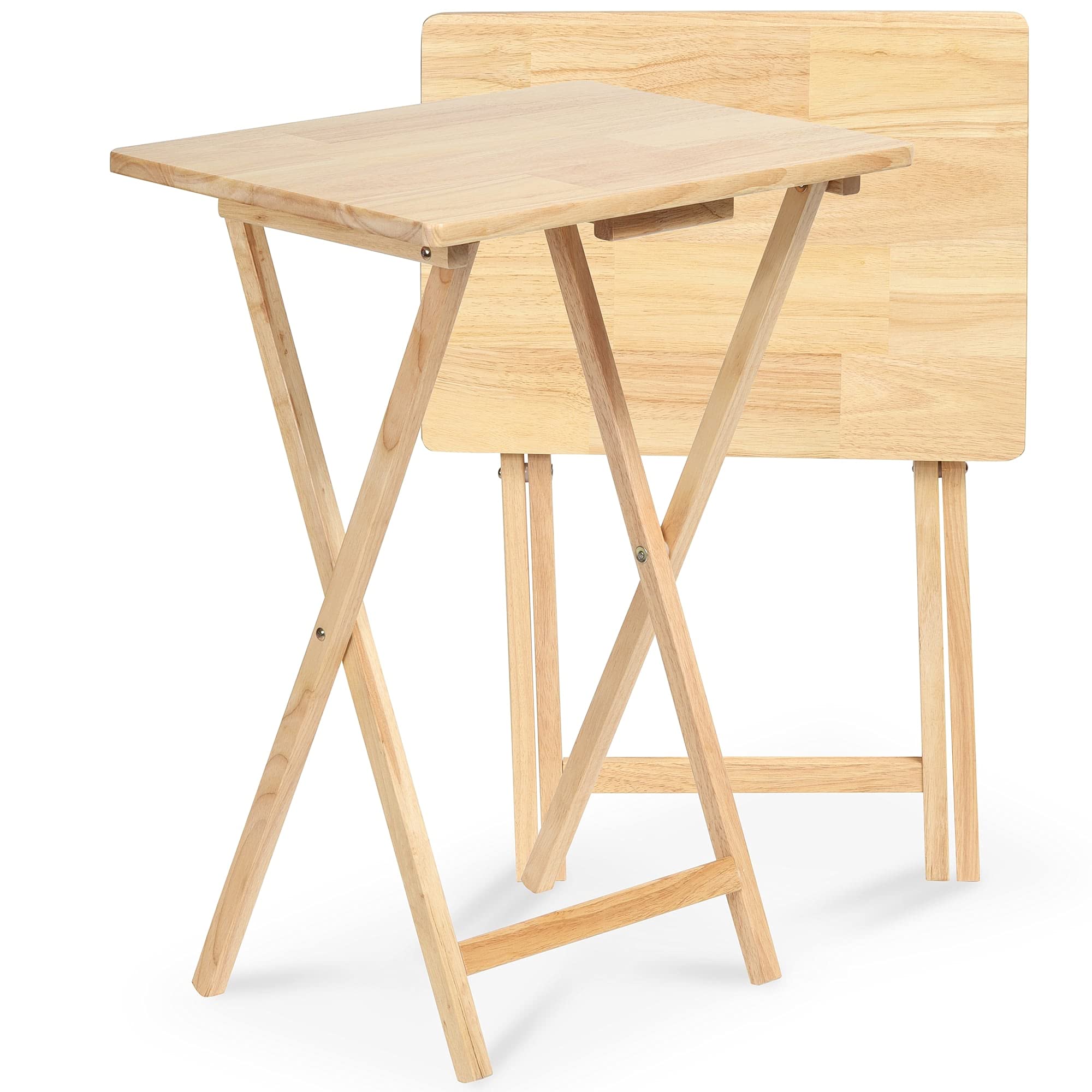PJ Wood Rectangle Folding Portable TV Snack Serving Tray Table, Solid Wood Construction with Natural Finish, Natural, 2 Piece Se