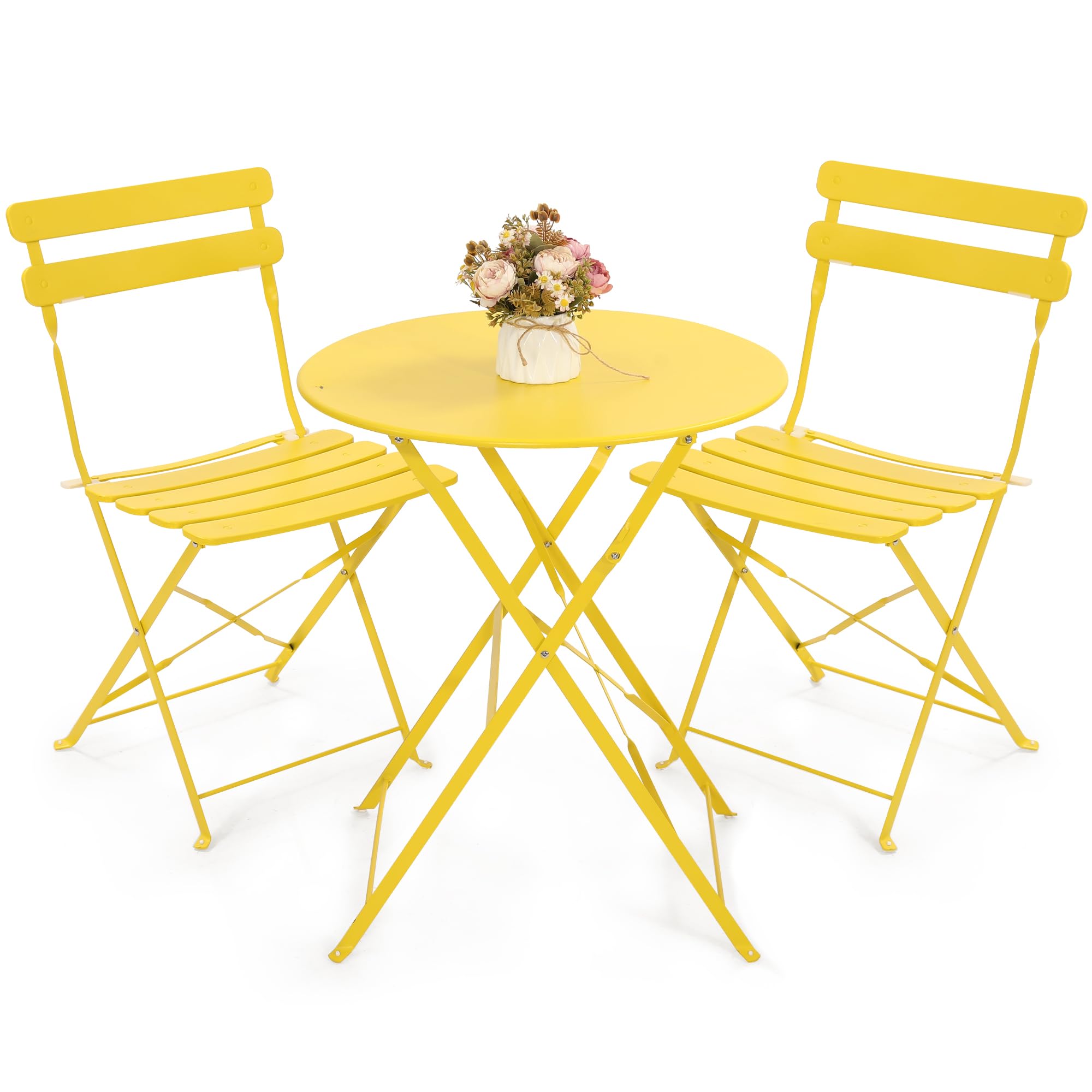 Kromax Outdoor Patio Bistro Set, Folding Bistro Table and Chairs Set, 3 Piece Folding Patio Furniture Set, Space Saving, Yellow