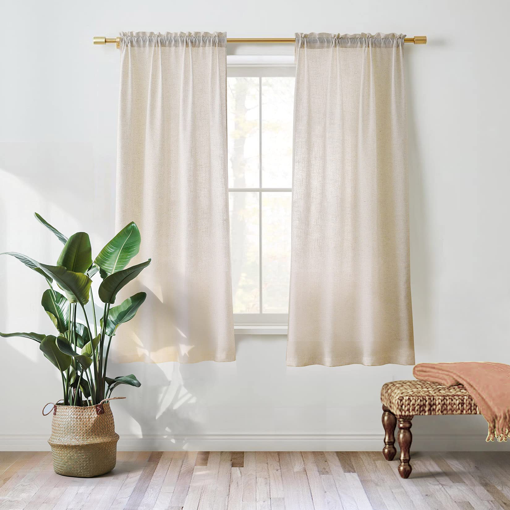 Valea Home Linen Curtains Panel 63 inch Long Light Filtering Rod Pocket Crude Drapes for Bedroom Living Room Farmhouse Window Tr